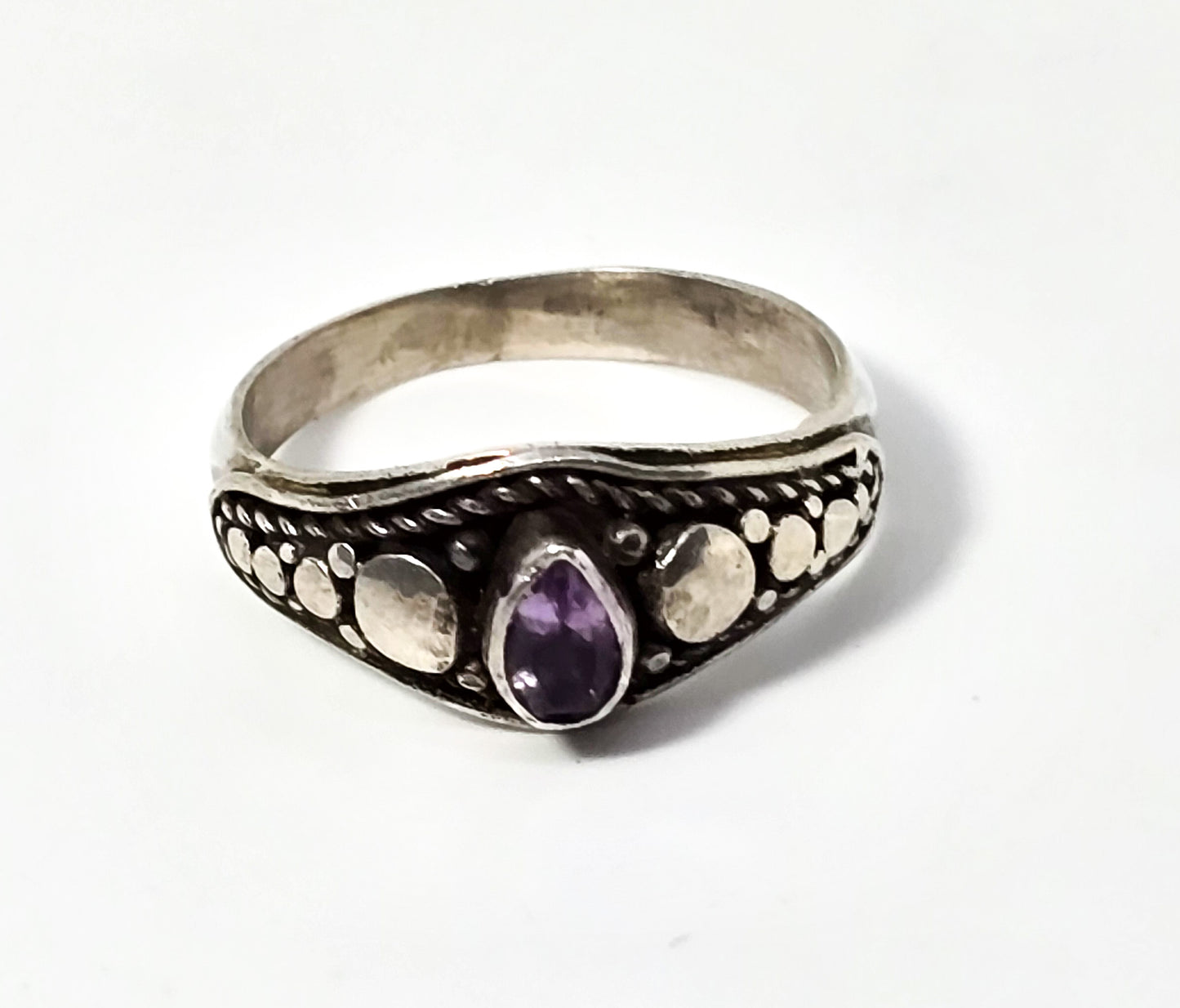 Amethyst sparkling purple peart cut tribal sterling silver vintage ring band size 8.5