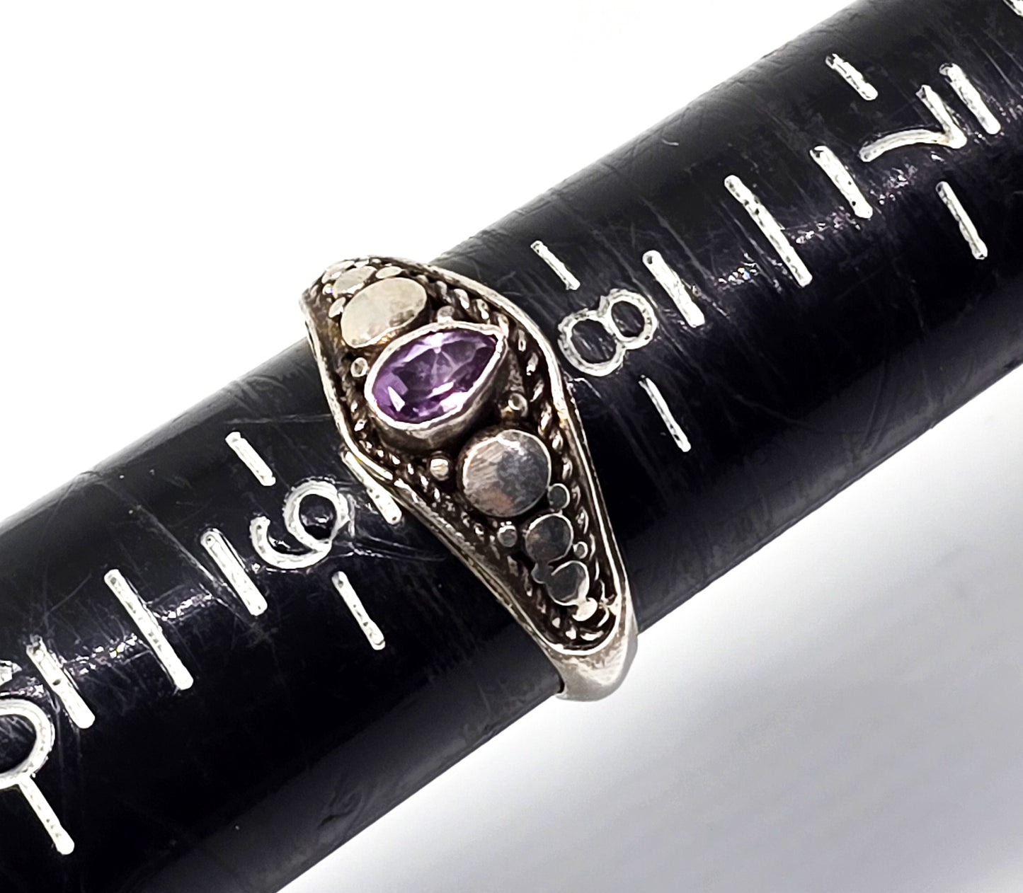 Amethyst sparkling purple peart cut tribal sterling silver vintage ring band size 8.5
