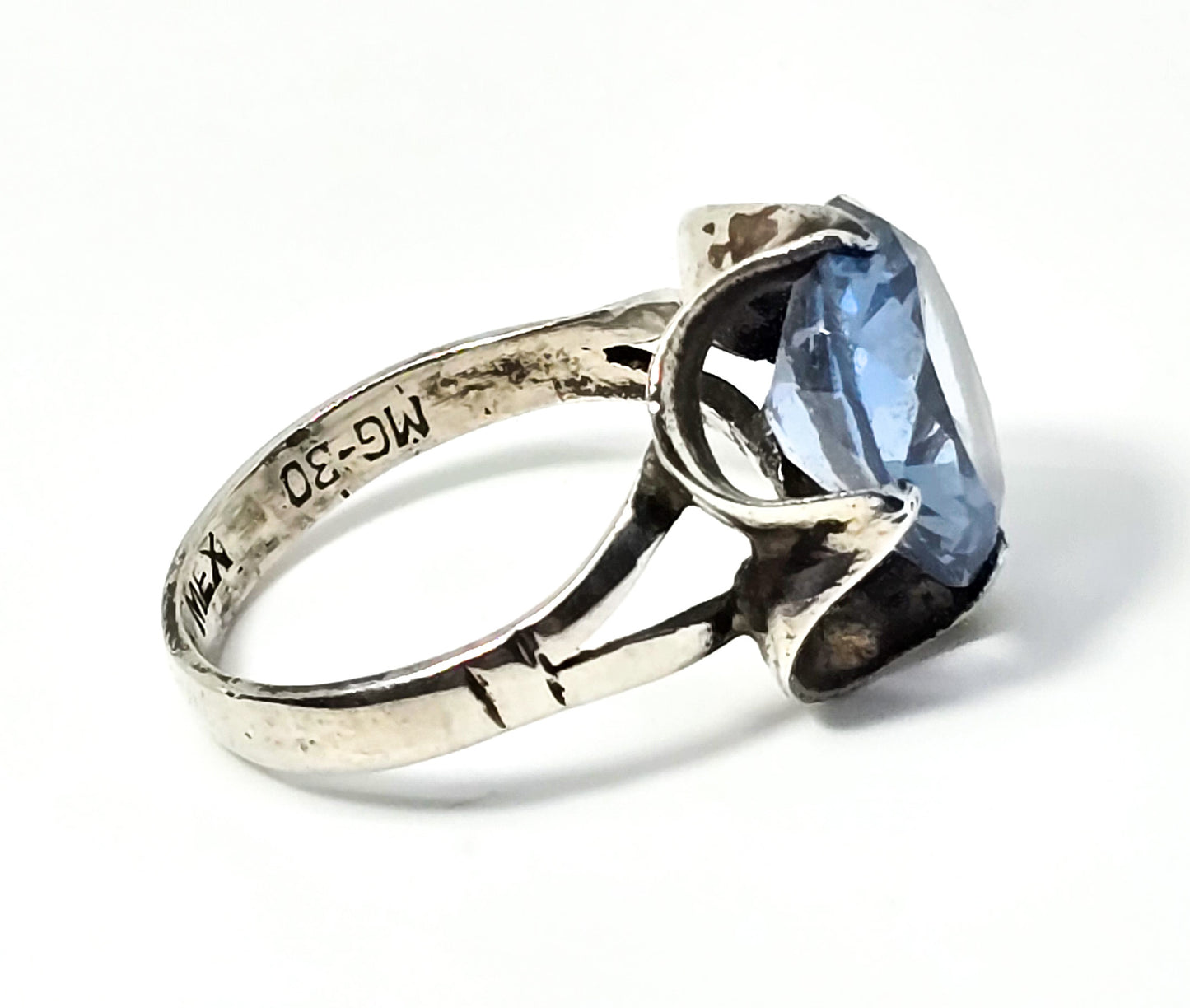 Light Blue topaz faceted 5.5ct large Taxco Mexican signed sterling silver ring size 6.5