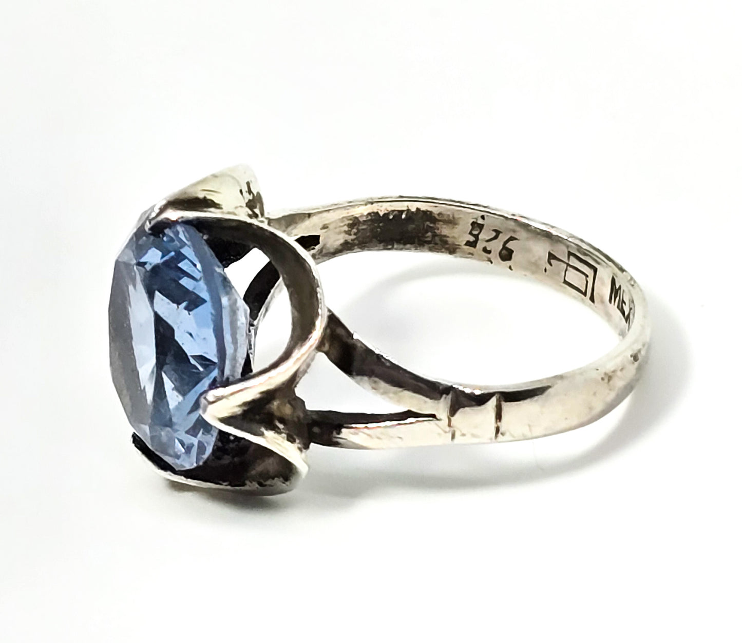 Light Blue topaz faceted 5.5ct large Taxco Mexican signed sterling silver ring size 6.5