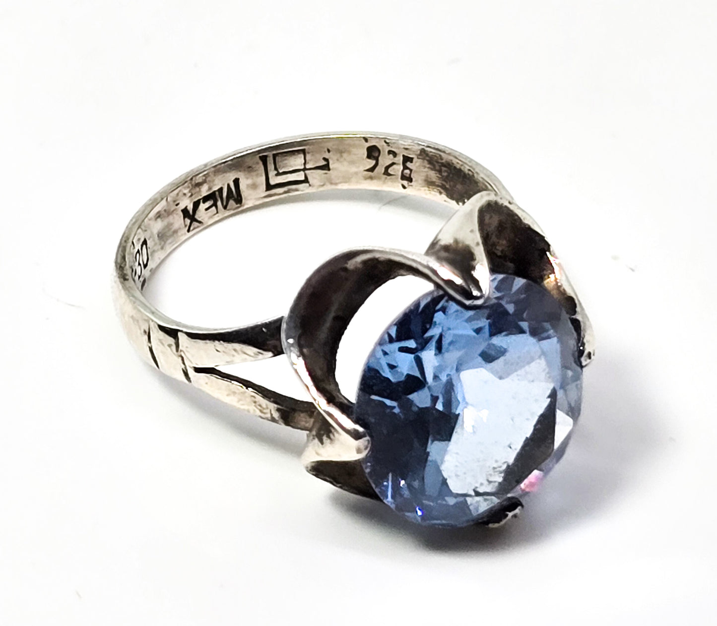 Light Blue topaz faceted 5.5ct large Taxco Mexican signed sterling silver ring size 6.5