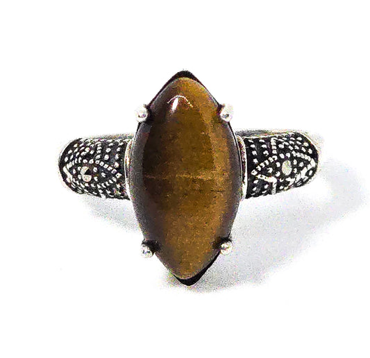 Tiger's Eye brown gemstone marcasite sterling silver vintage ring size 9