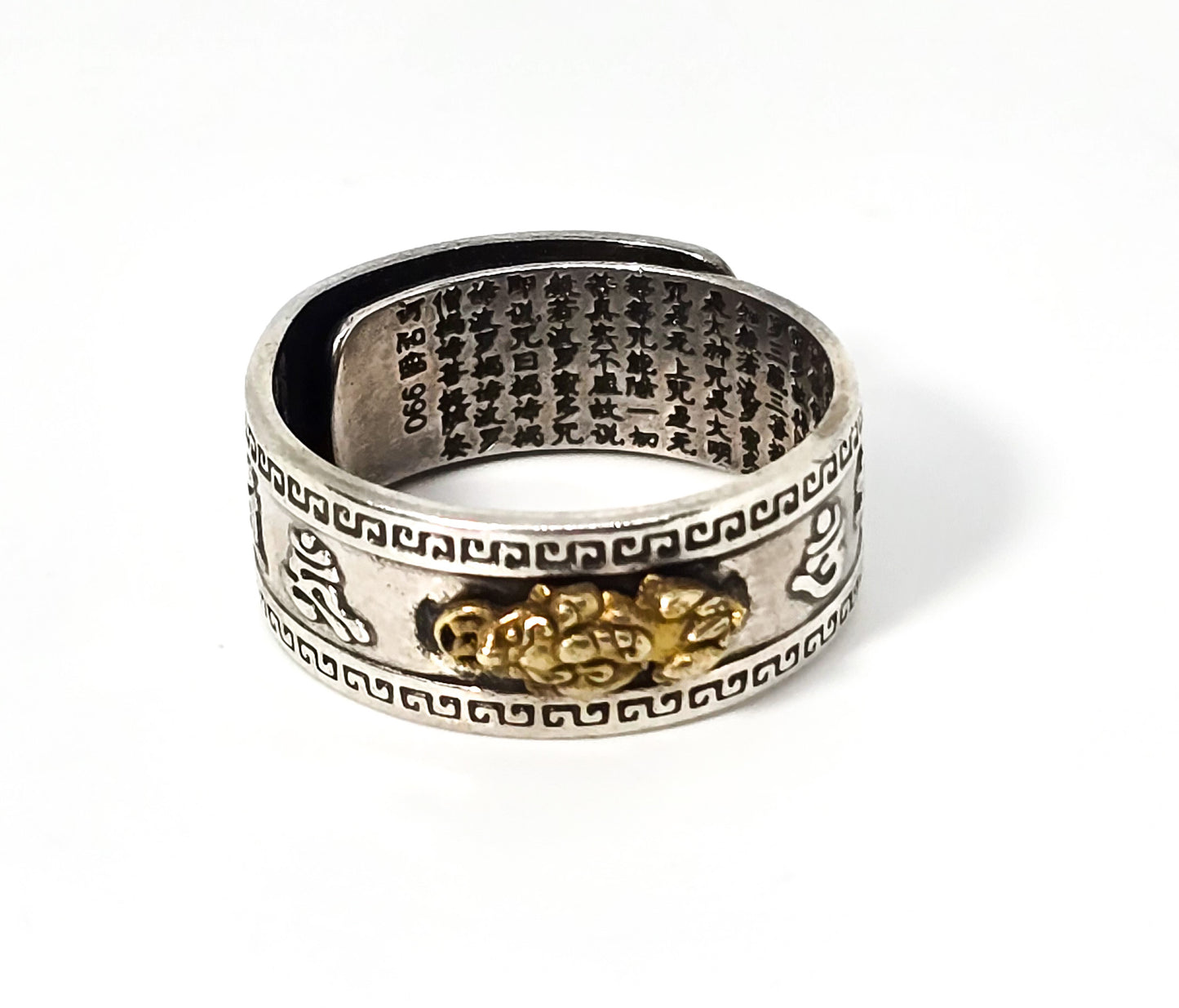 Feng Shui Pixiu lucky wealth silver plated two toned adjustable ring size 10
