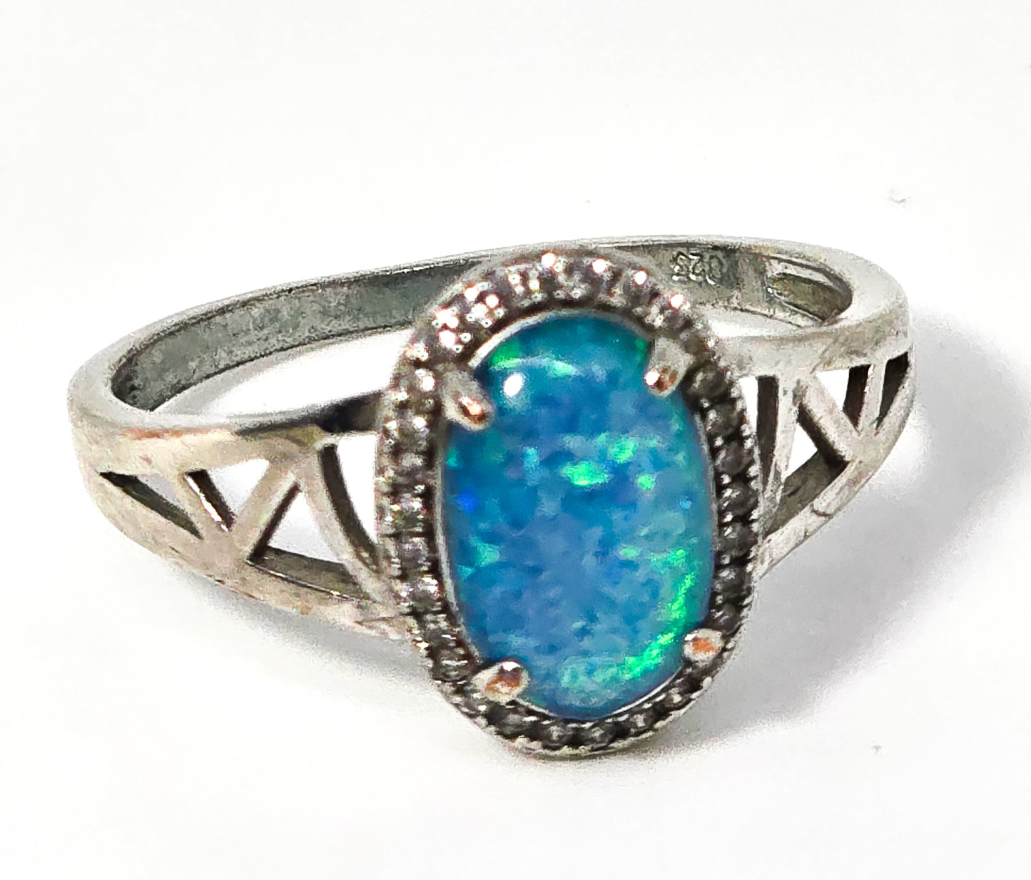 Blue opal Doublet Cubic Zirconia sterling silver vintage ring size 11