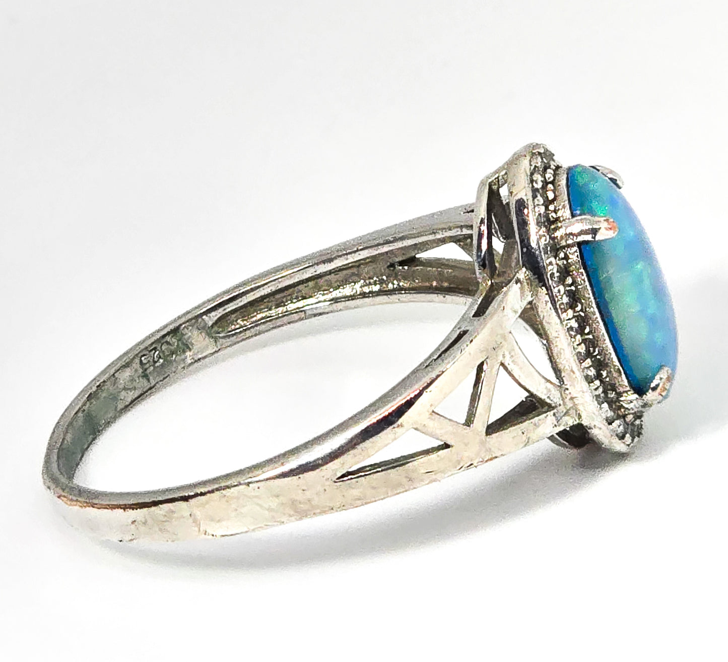 Blue opal Doublet Cubic Zirconia sterling silver vintage ring size 11
