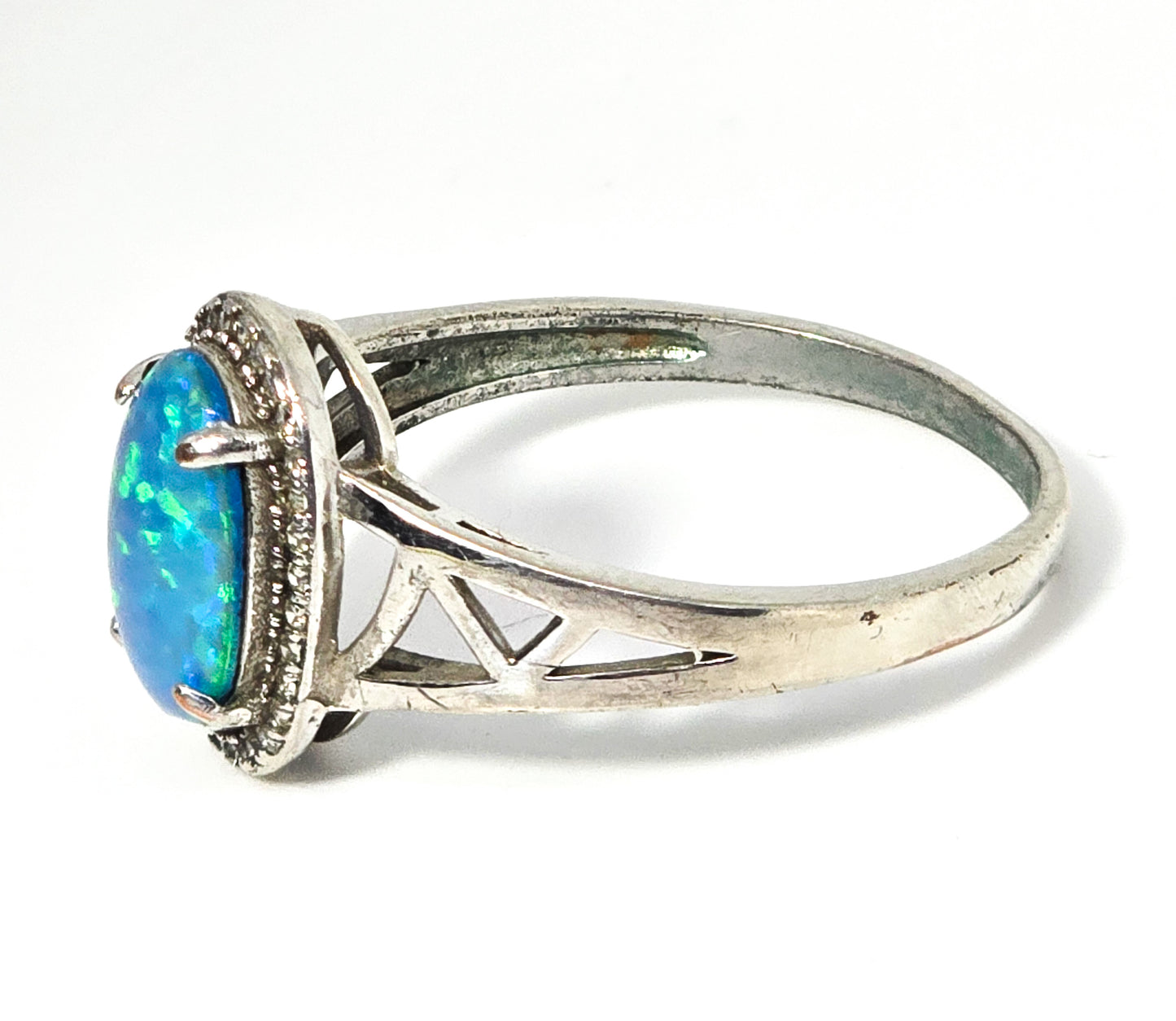 Blue opal Doublet Cubic Zirconia sterling silver vintage ring size 11
