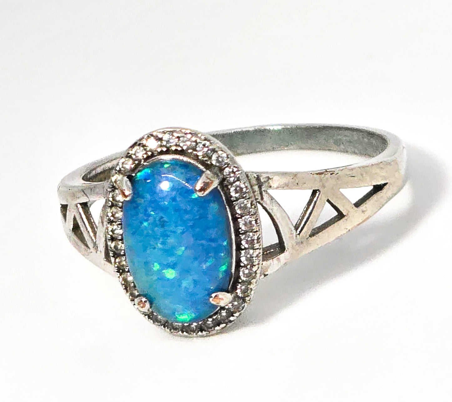 Blue opal Doublet Cubic Zirconia sterling silver vintage ring size 11