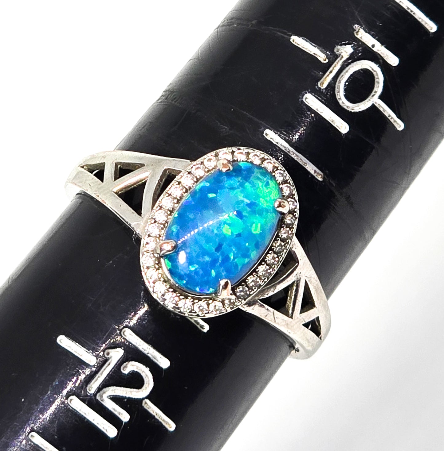 Blue opal Doublet Cubic Zirconia sterling silver vintage ring size 11