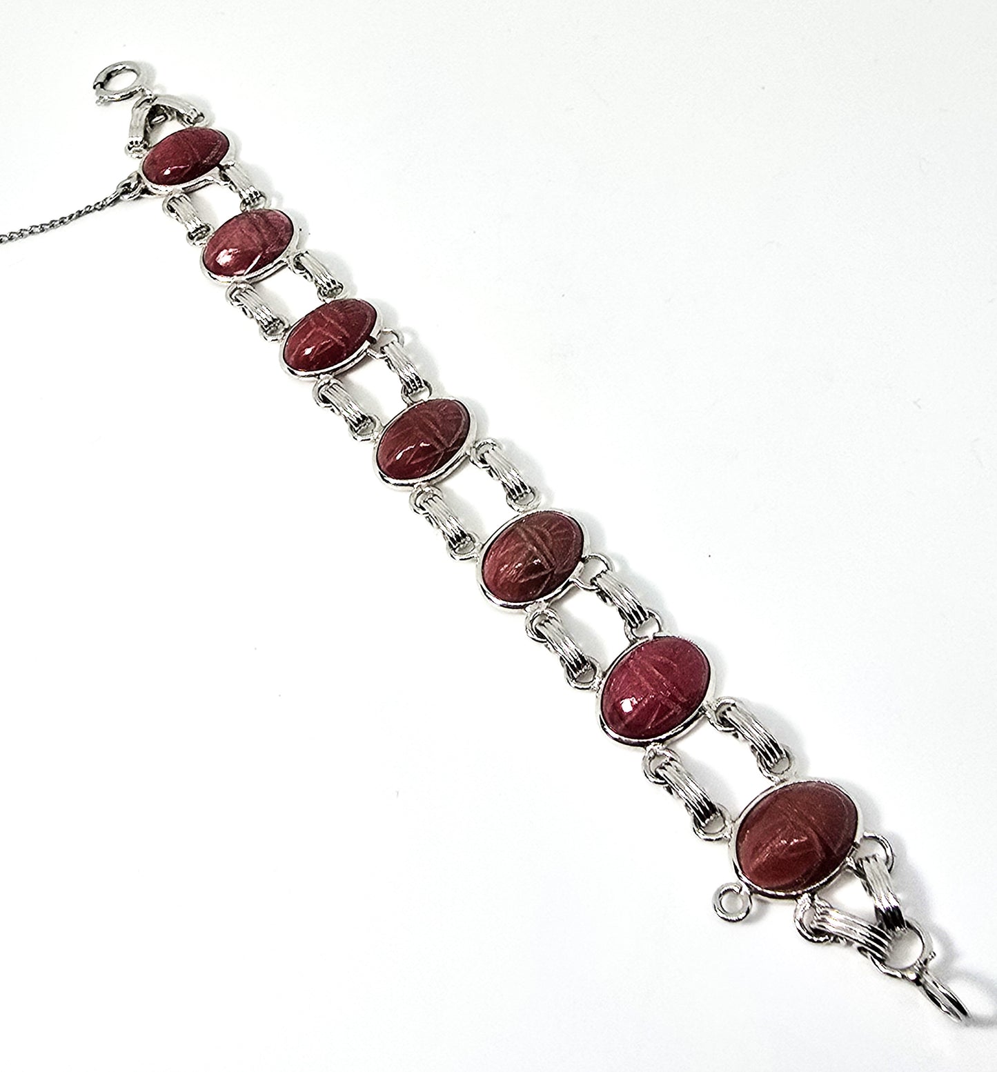Egyptian Revival Scarab Rhodonite pink gemstone Burt Cassell 12k gold vintage bracelet