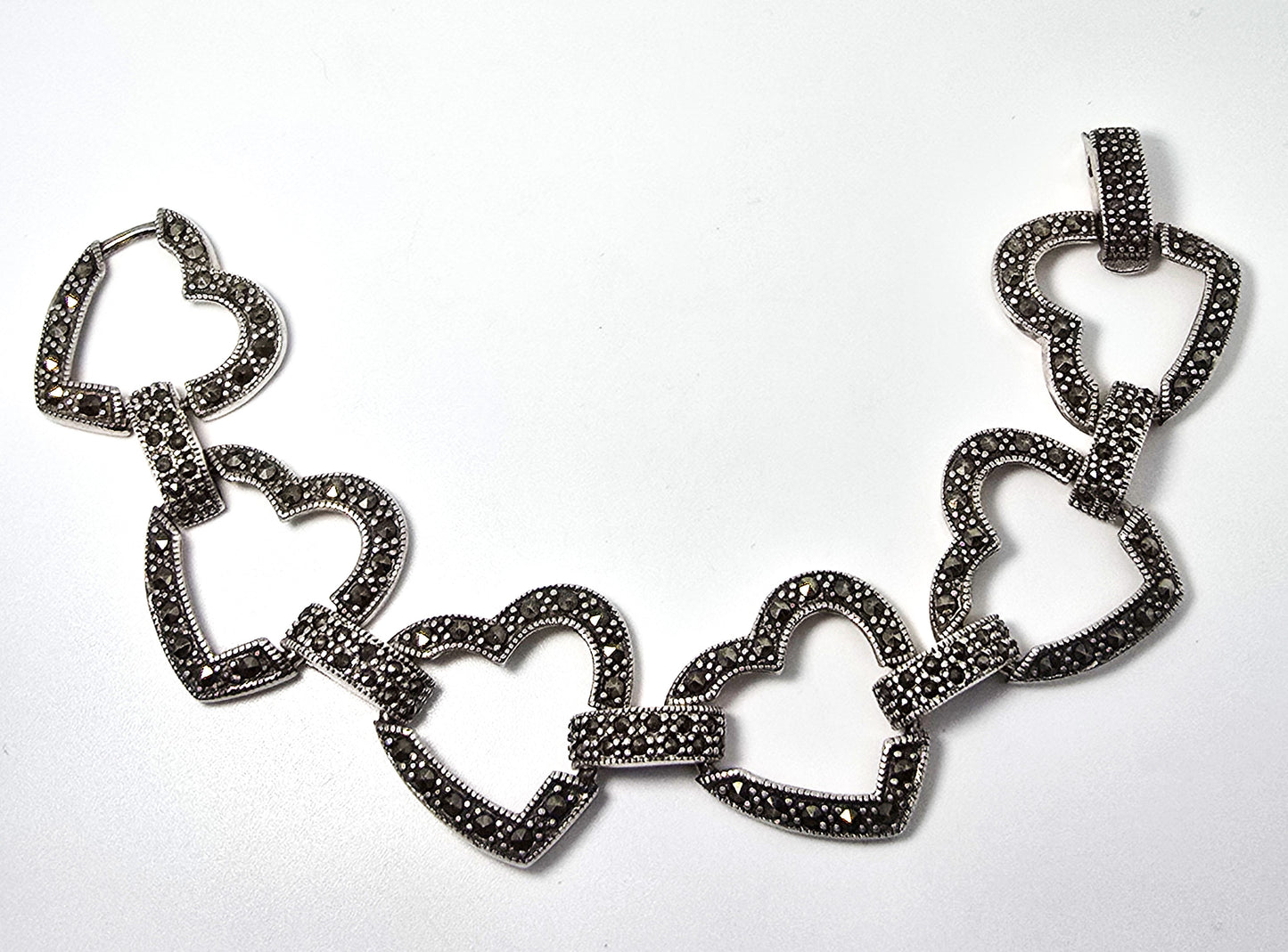 Heart Link marcasite solid thick sterling silver vintage retro open link bracelet