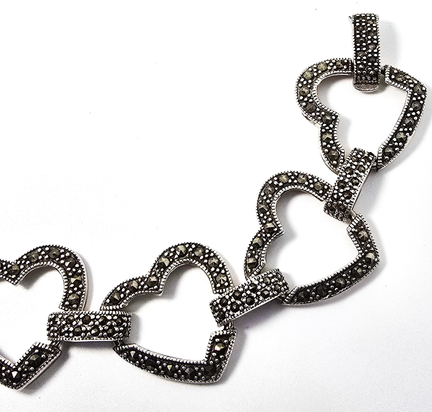 Heart Link marcasite solid thick sterling silver vintage retro open link bracelet