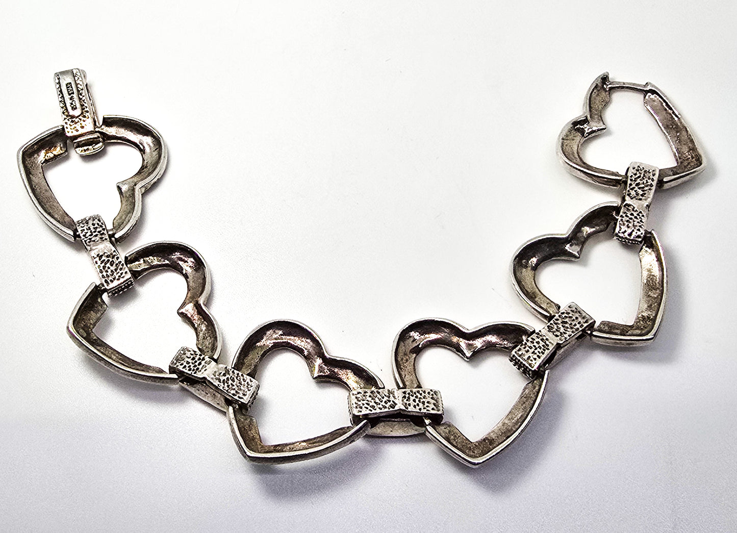 Heart Link marcasite solid thick sterling silver vintage retro open link bracelet
