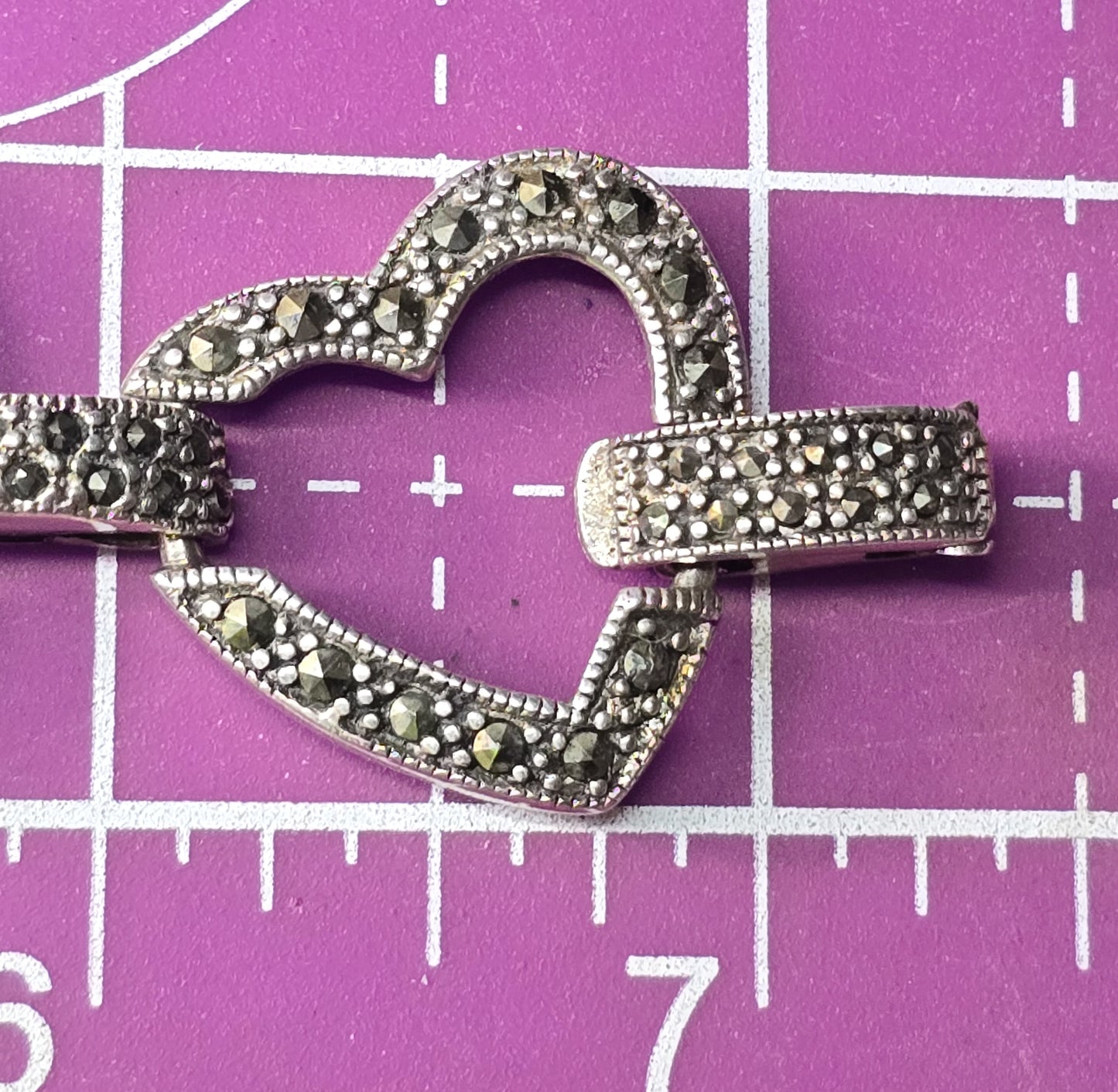 Heart Link marcasite solid thick sterling silver vintage retro open link bracelet