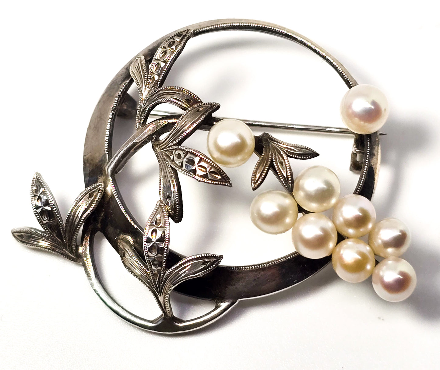 Akoya Pearl great cluster white grape vintage mid century sterling silver brooch