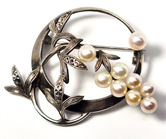 Akoya Pearl great cluster white grape vintage mid century sterling silver brooch