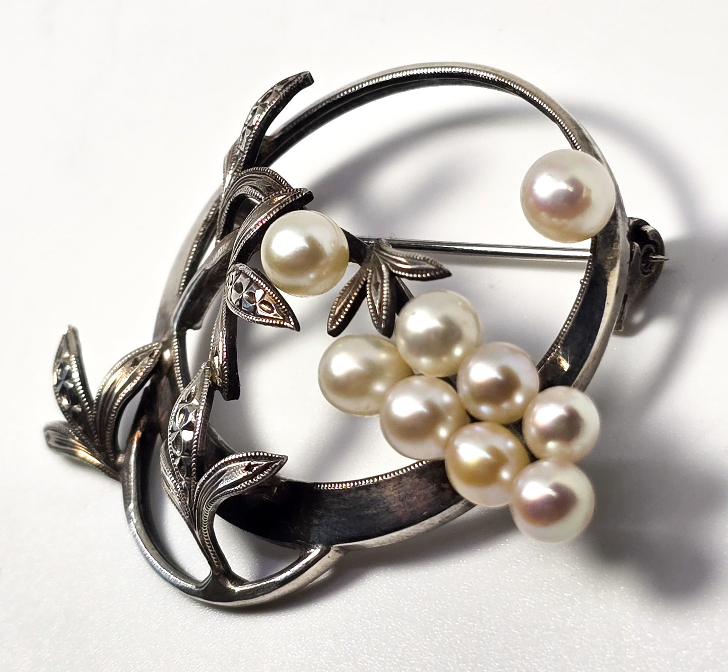 Akoya Pearl great cluster white grape vintage mid century sterling silver brooch