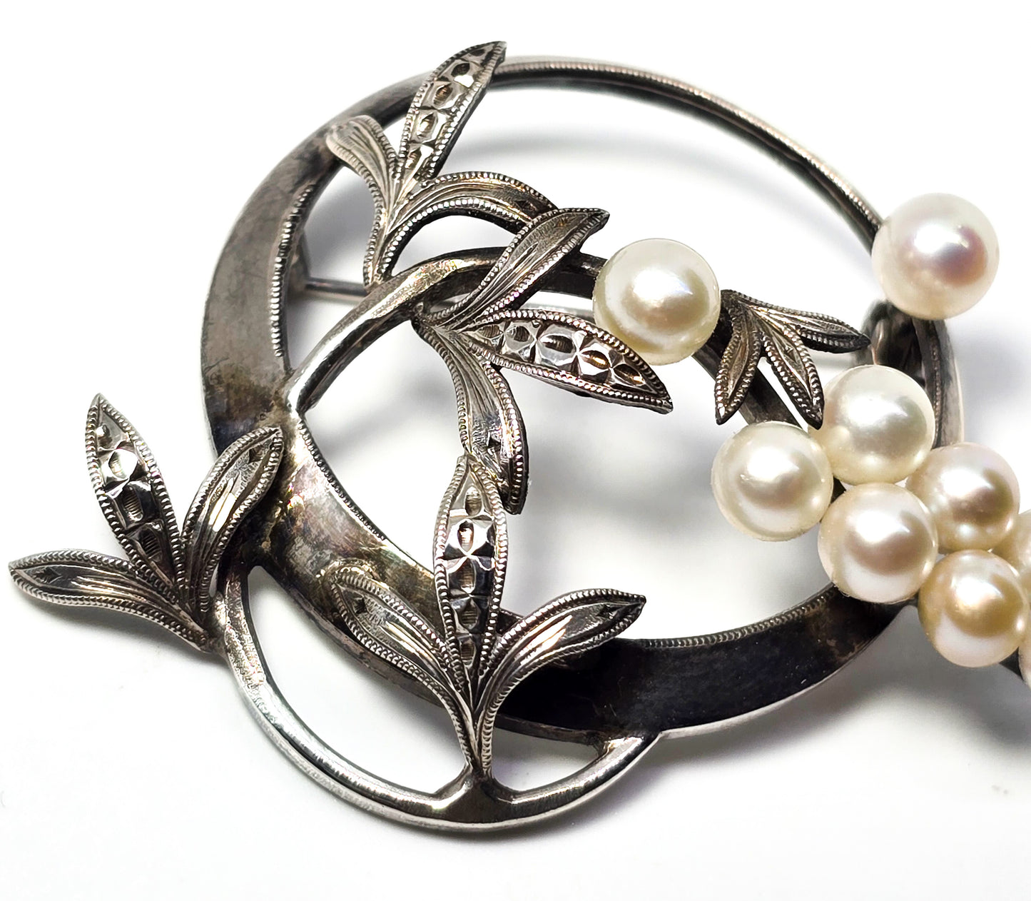 Akoya Pearl great cluster white grape vintage mid century sterling silver brooch