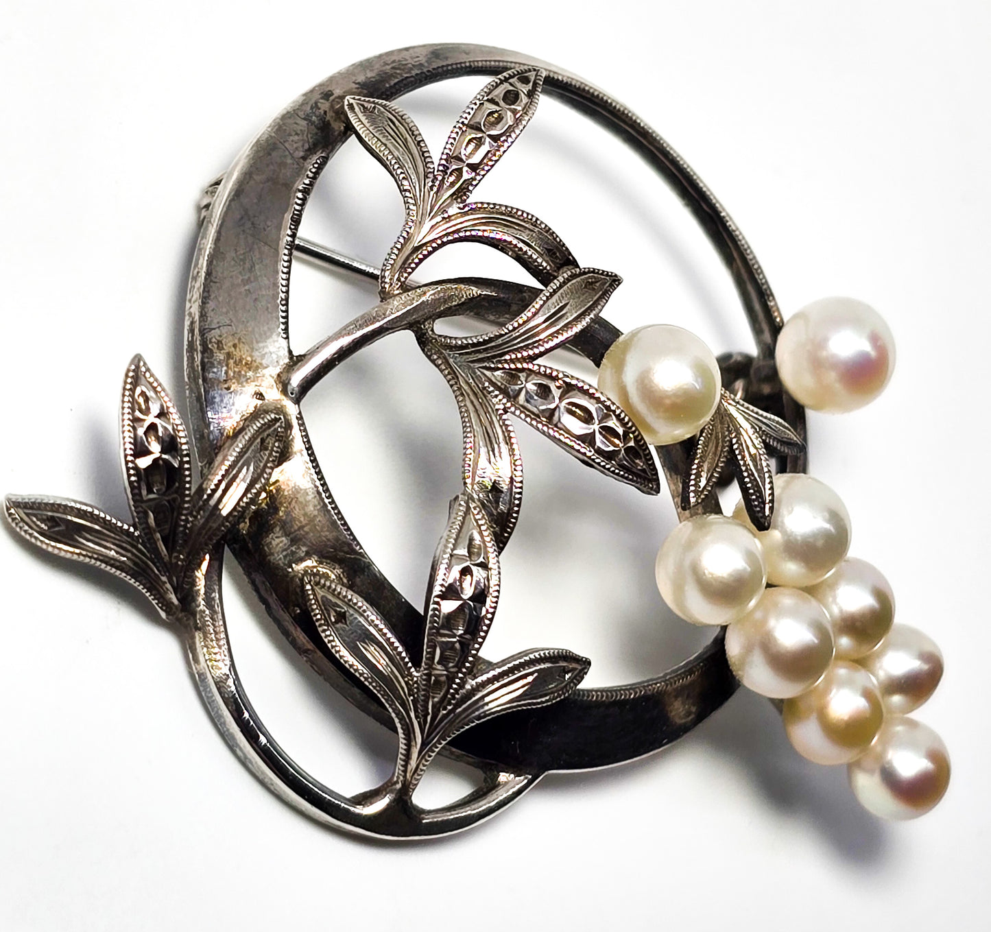 Akoya Pearl great cluster white grape vintage mid century sterling silver brooch