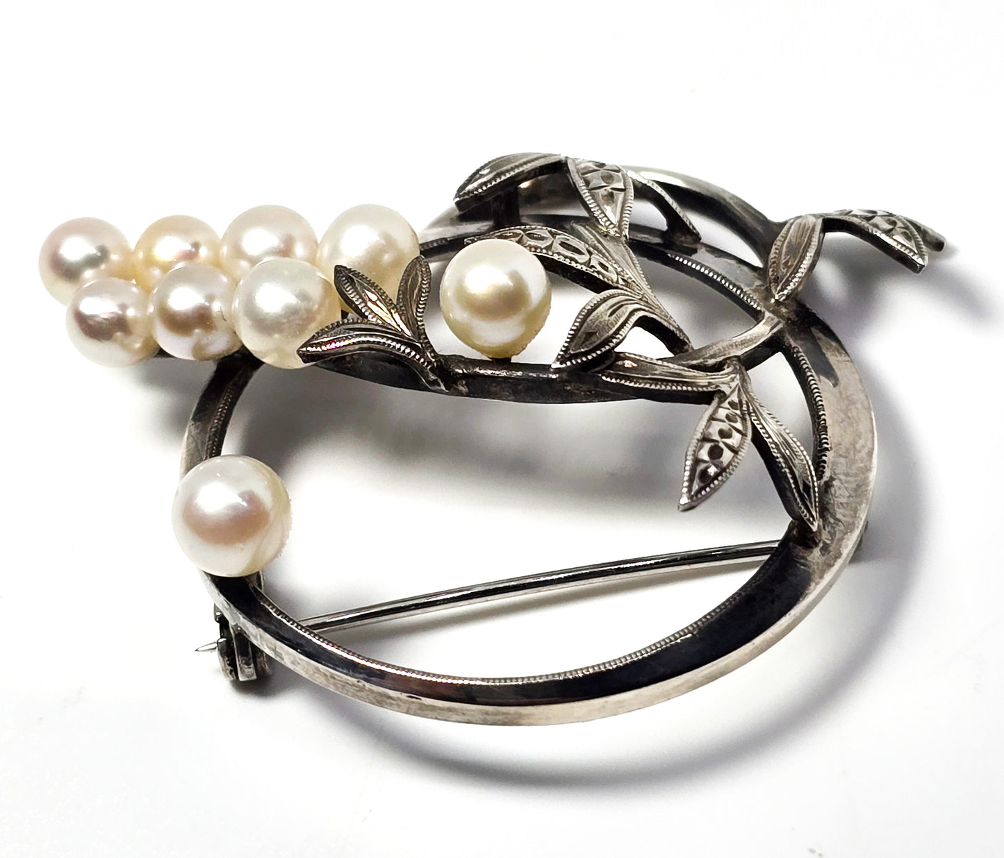 Akoya Pearl great cluster white grape vintage mid century sterling silver brooch