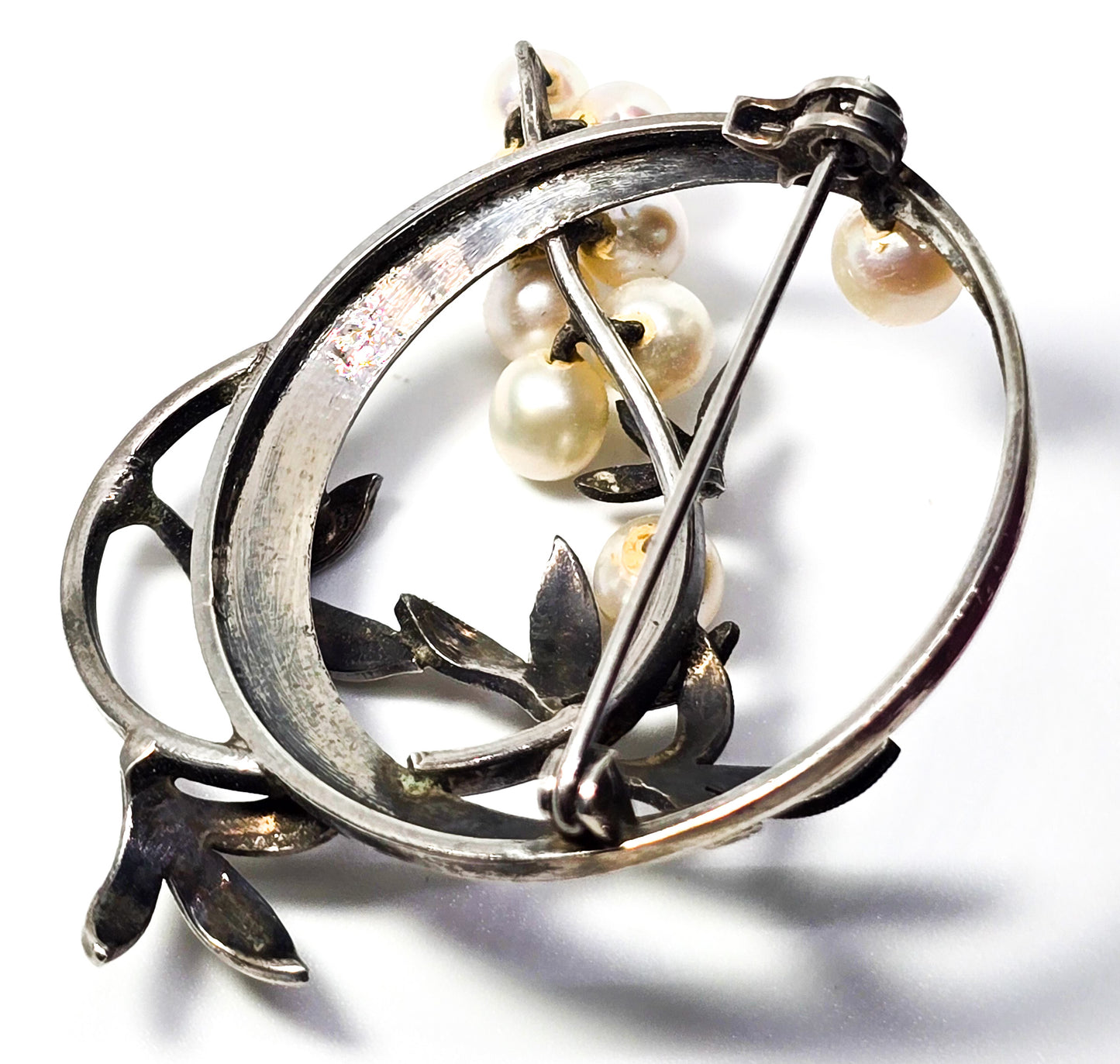Akoya Pearl great cluster white grape vintage mid century sterling silver brooch