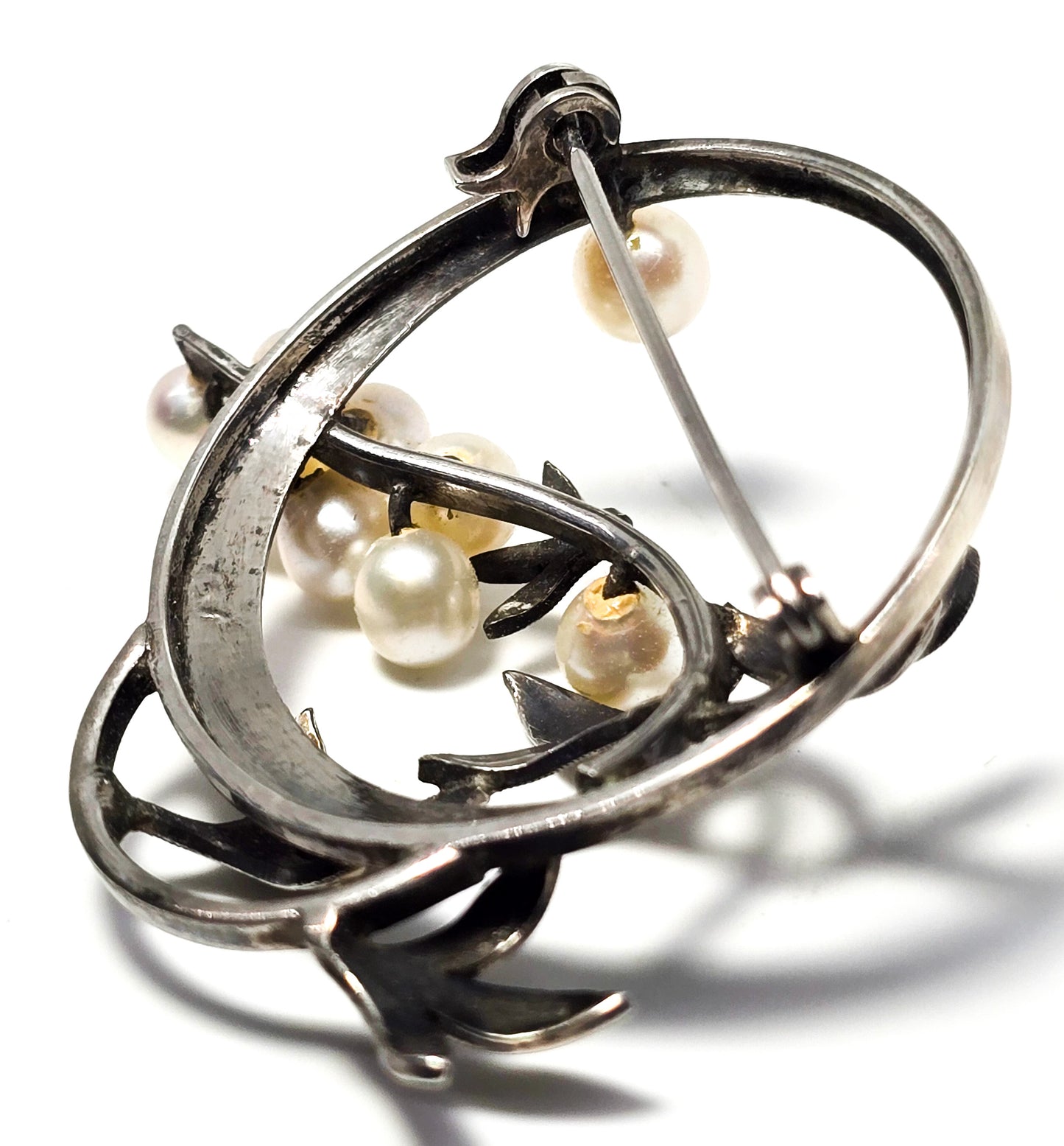 Akoya Pearl great cluster white grape vintage mid century sterling silver brooch