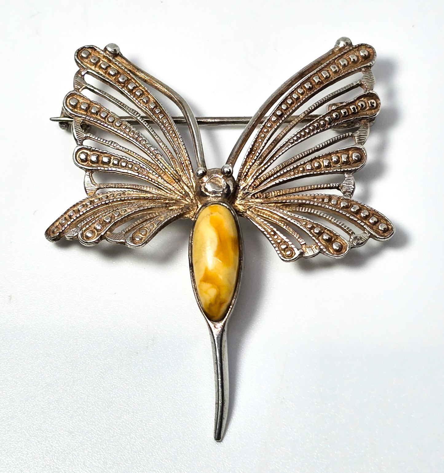 Egg yolk Baltic amber spun silver vintage sterling silver butterfly brooch