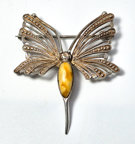 Egg yolk Baltic amber spun silver vintage sterling silver butterfly brooch