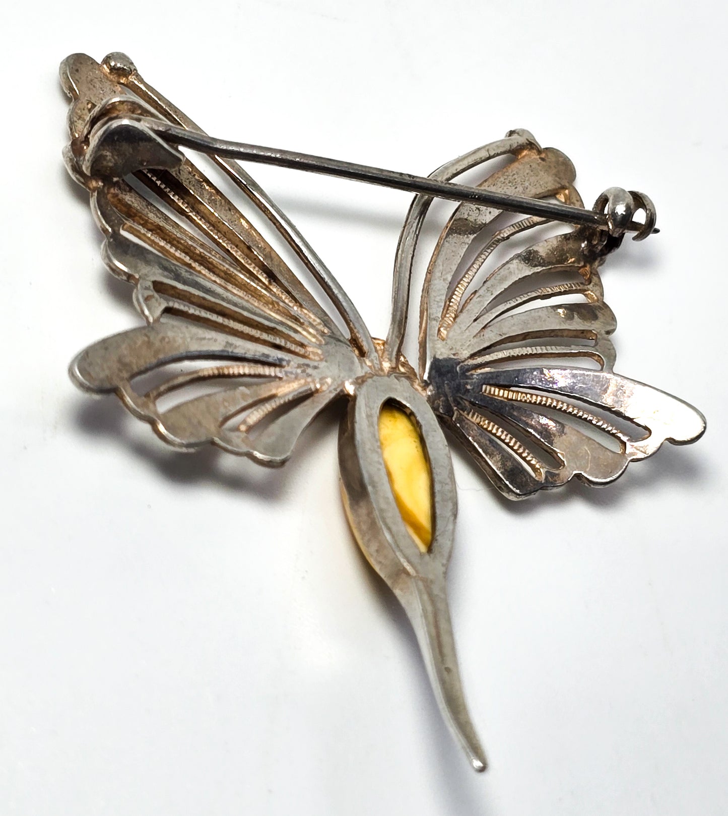 Egg yolk Baltic amber spun silver vintage sterling silver butterfly brooch