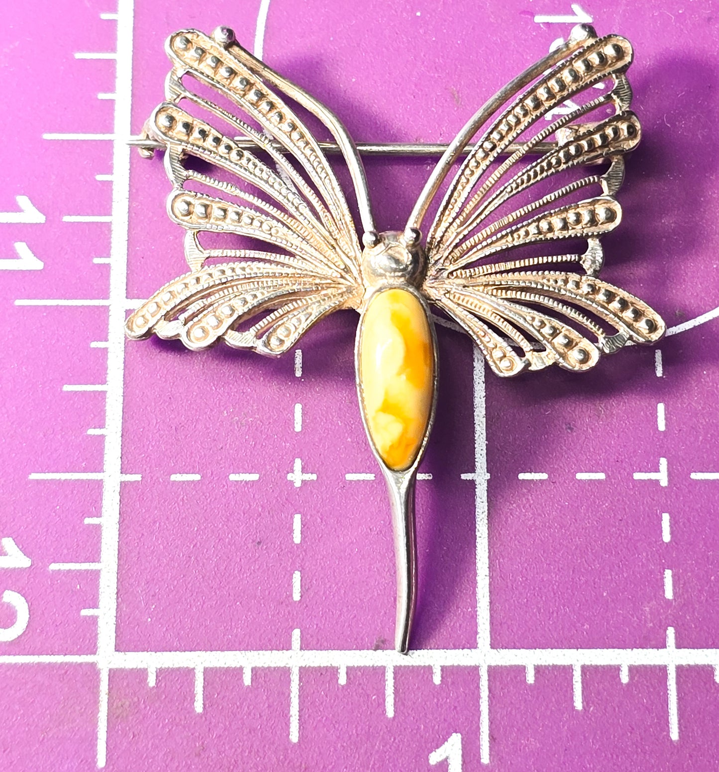 Egg yolk Baltic amber spun silver vintage sterling silver butterfly brooch