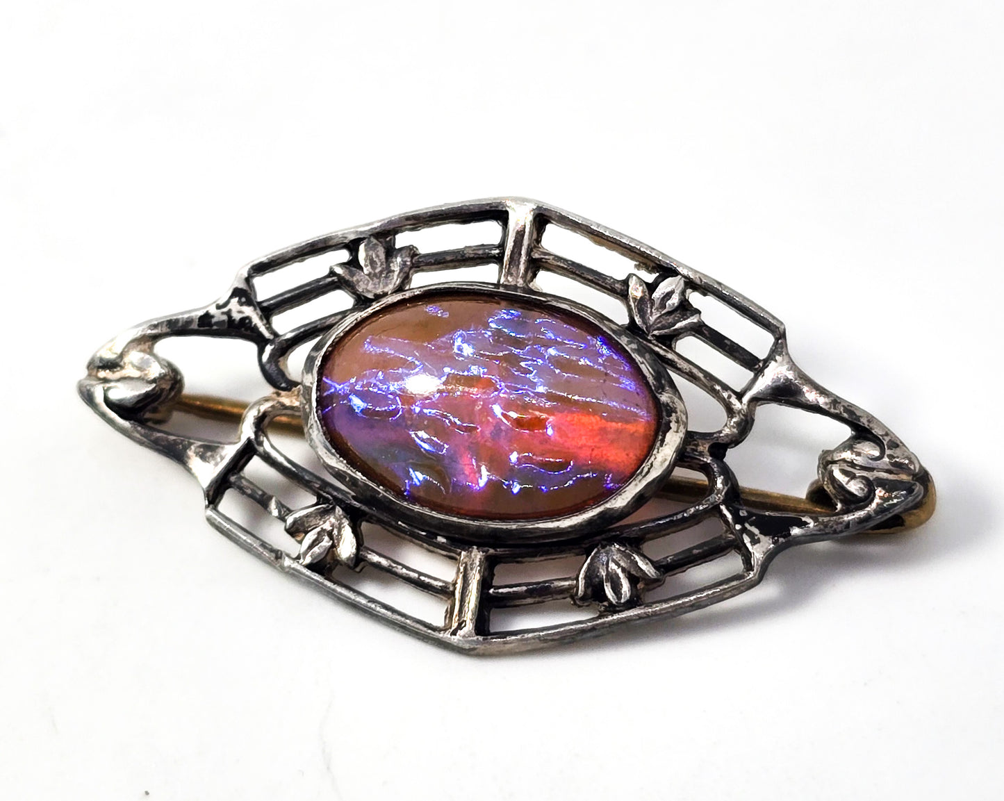 Dragon's Breath glass antique Victorian open work sterling silver brooch pin