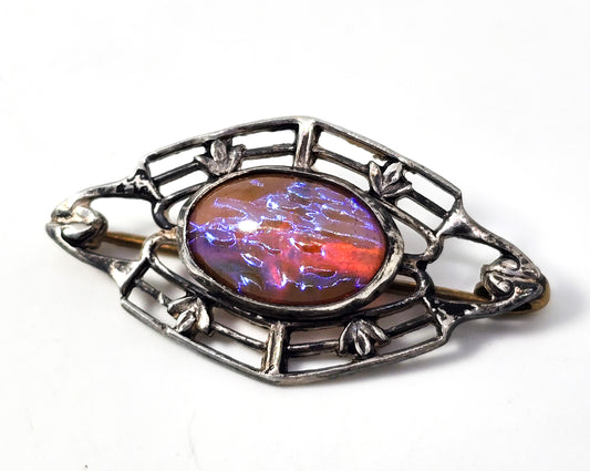 Dragon's Breath glass antique Victorian open work sterling silver brooch pin
