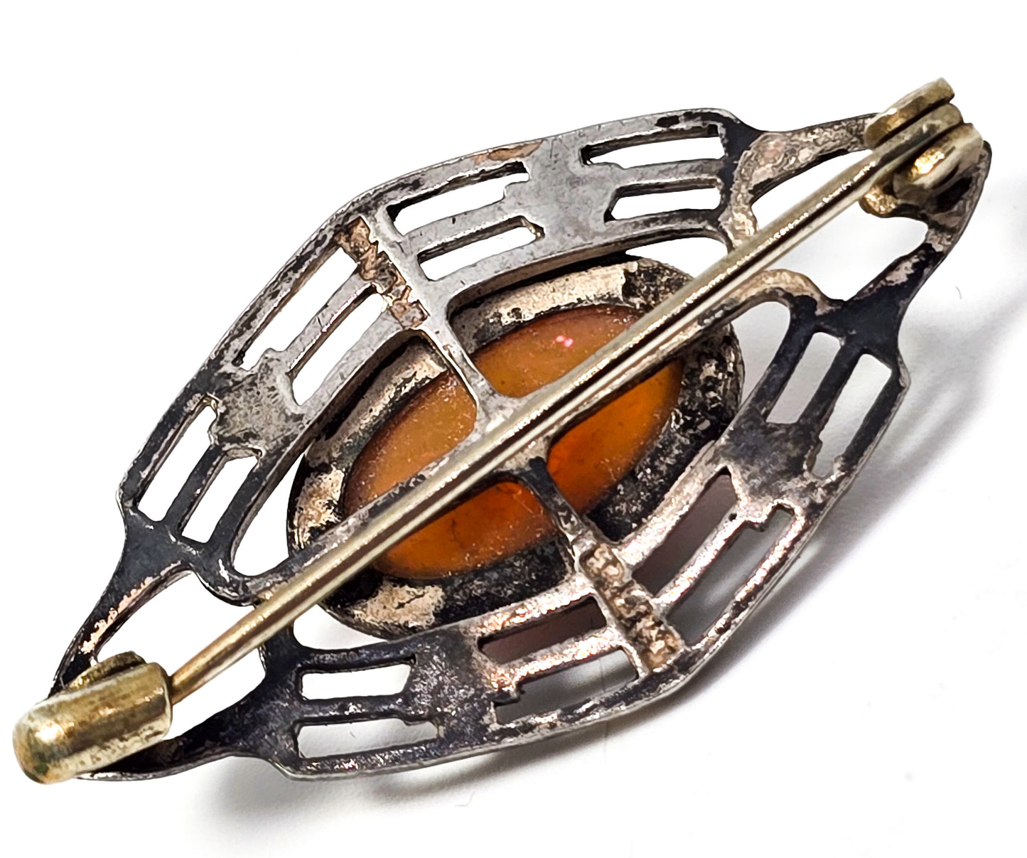 Dragon's Breath glass antique Victorian open work sterling silver brooch pin