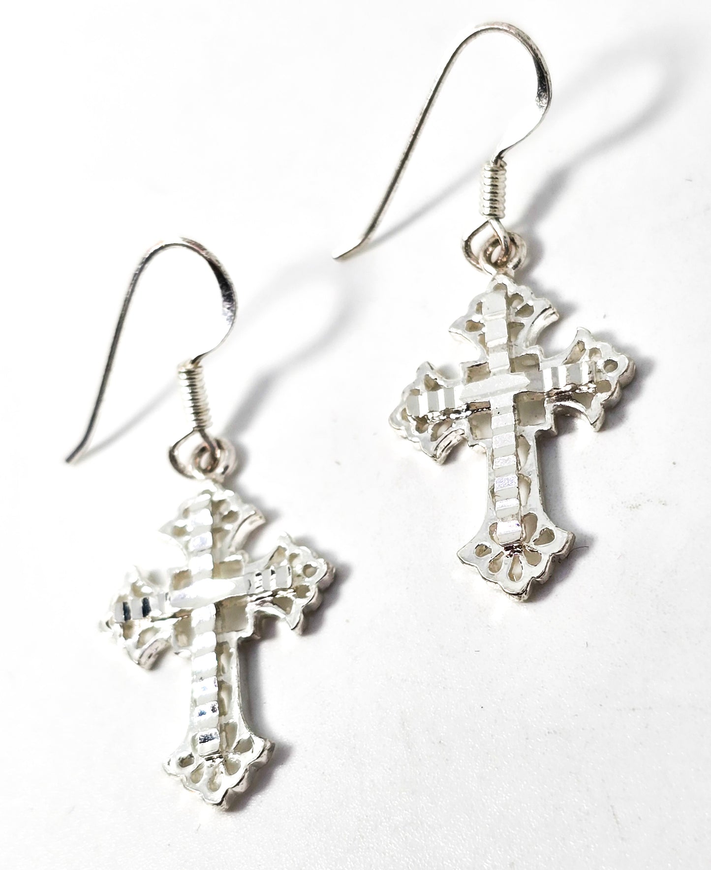 HAN filigree etched Cross silver plated signed drop earrings