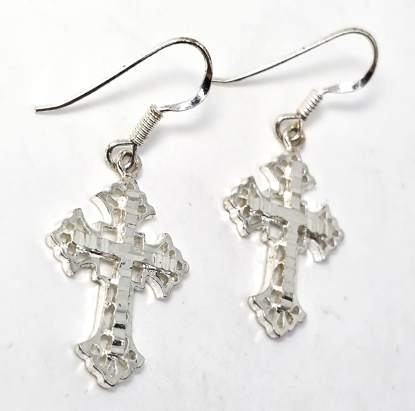 HAN filigree etched Cross silver plated signed drop earrings
