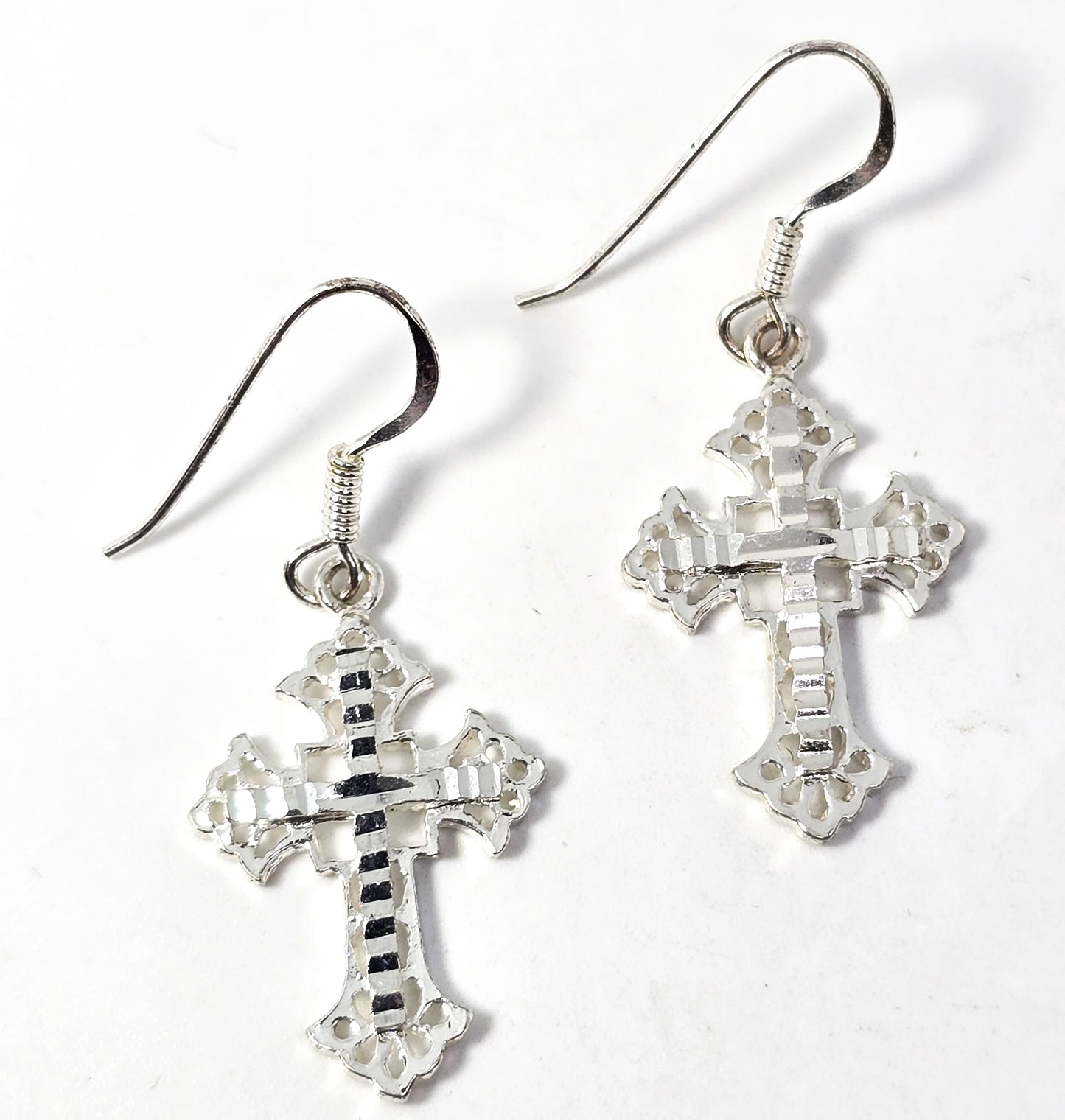 HAN filigree etched Cross silver plated signed drop earrings