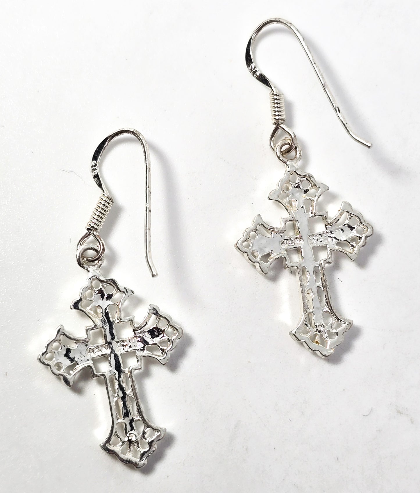 HAN filigree etched Cross silver plated signed drop earrings