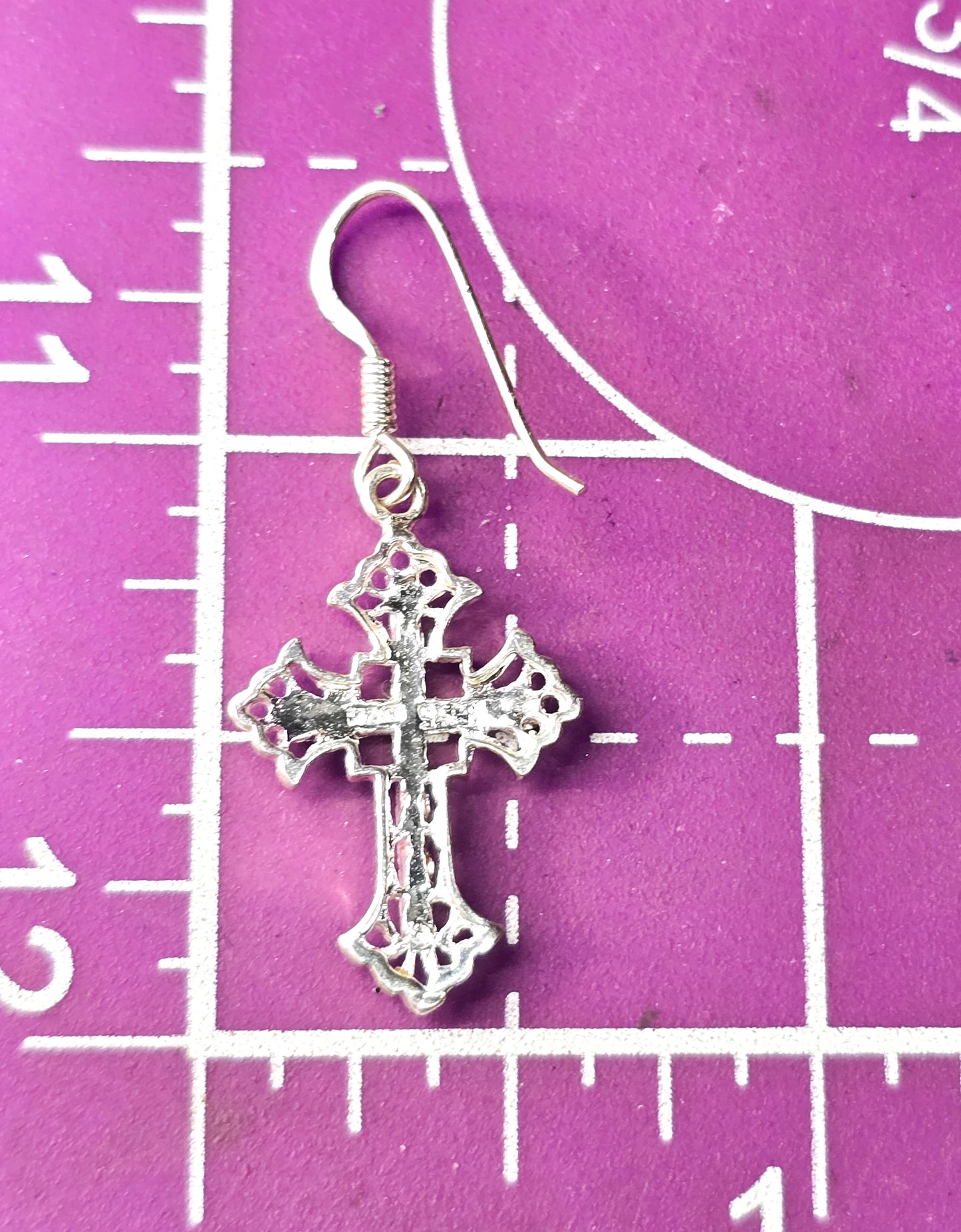 HAN filigree etched Cross silver plated signed drop earrings