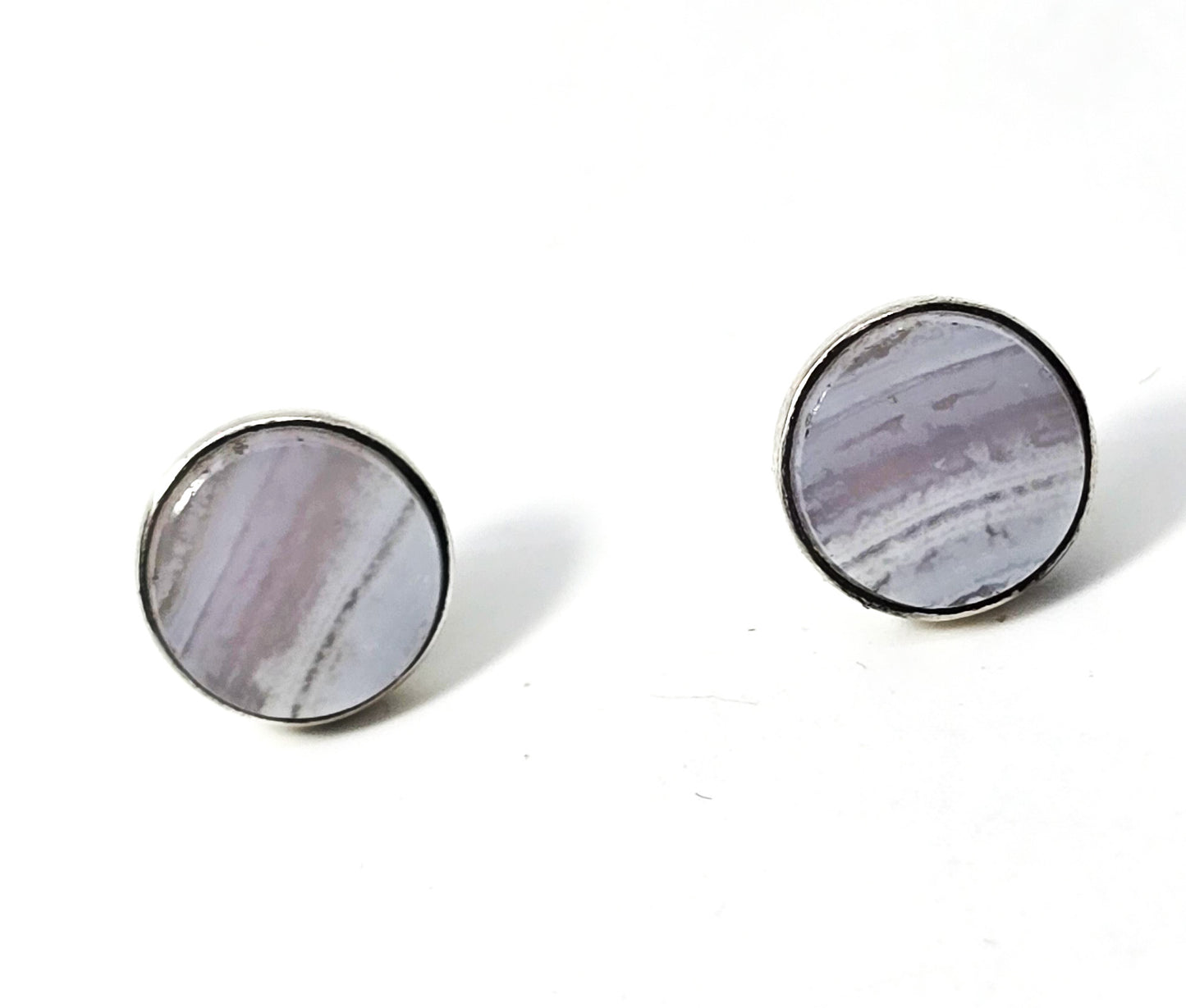Blue Lace Agate blue gemstone sterling silver post stud vintage earrings