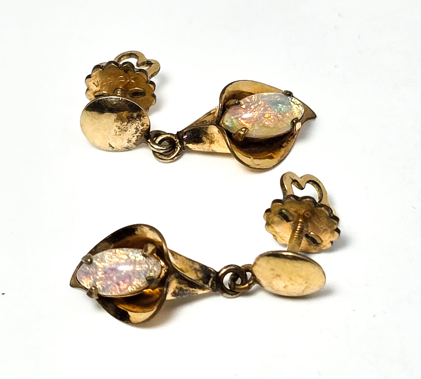 Cala Lily Dichroic glass rhinestone 12k yellow gold filled screw post vintage earrings