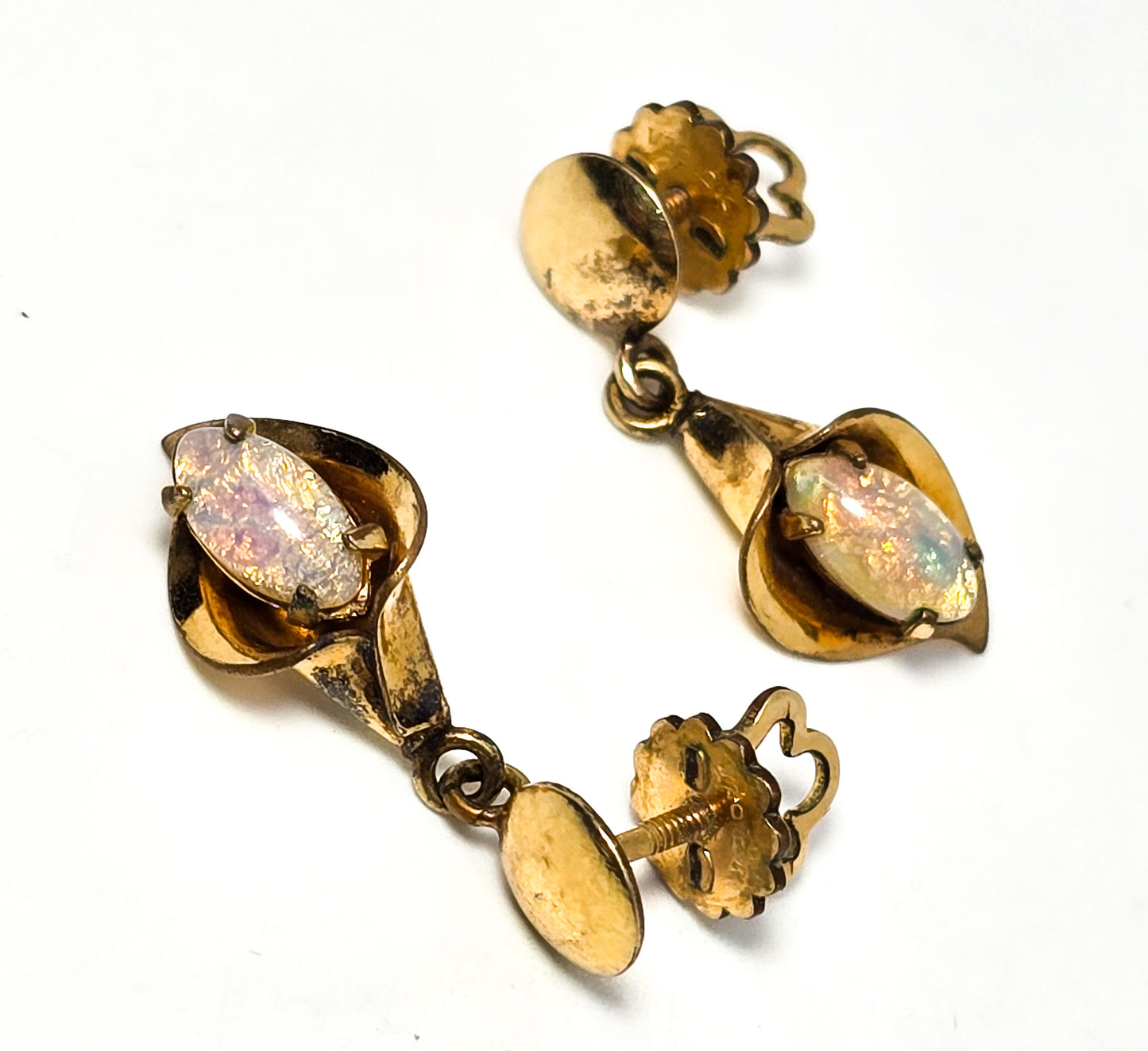 Cala Lily Dichroic glass rhinestone 12k yellow gold filled screw post vintage earrings