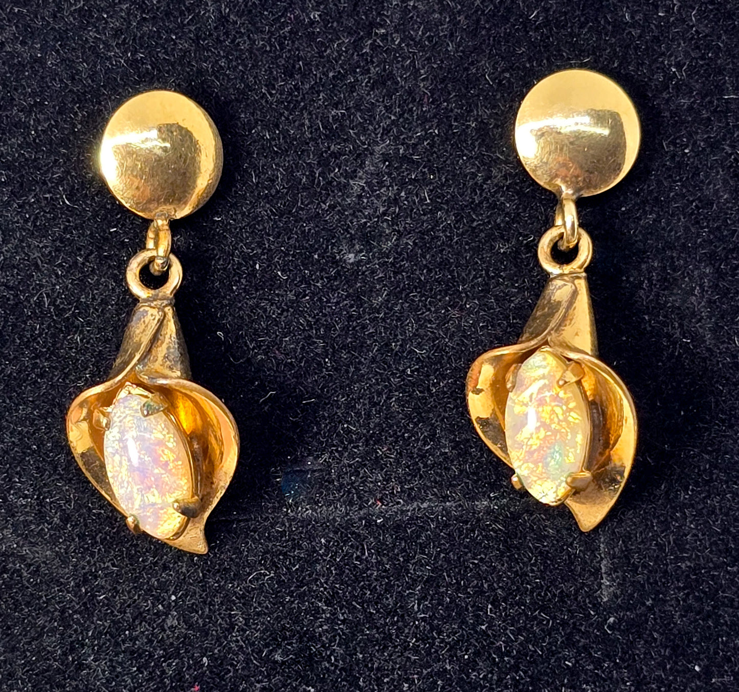 Cala Lily Dichroic glass rhinestone 12k yellow gold filled screw post vintage earrings