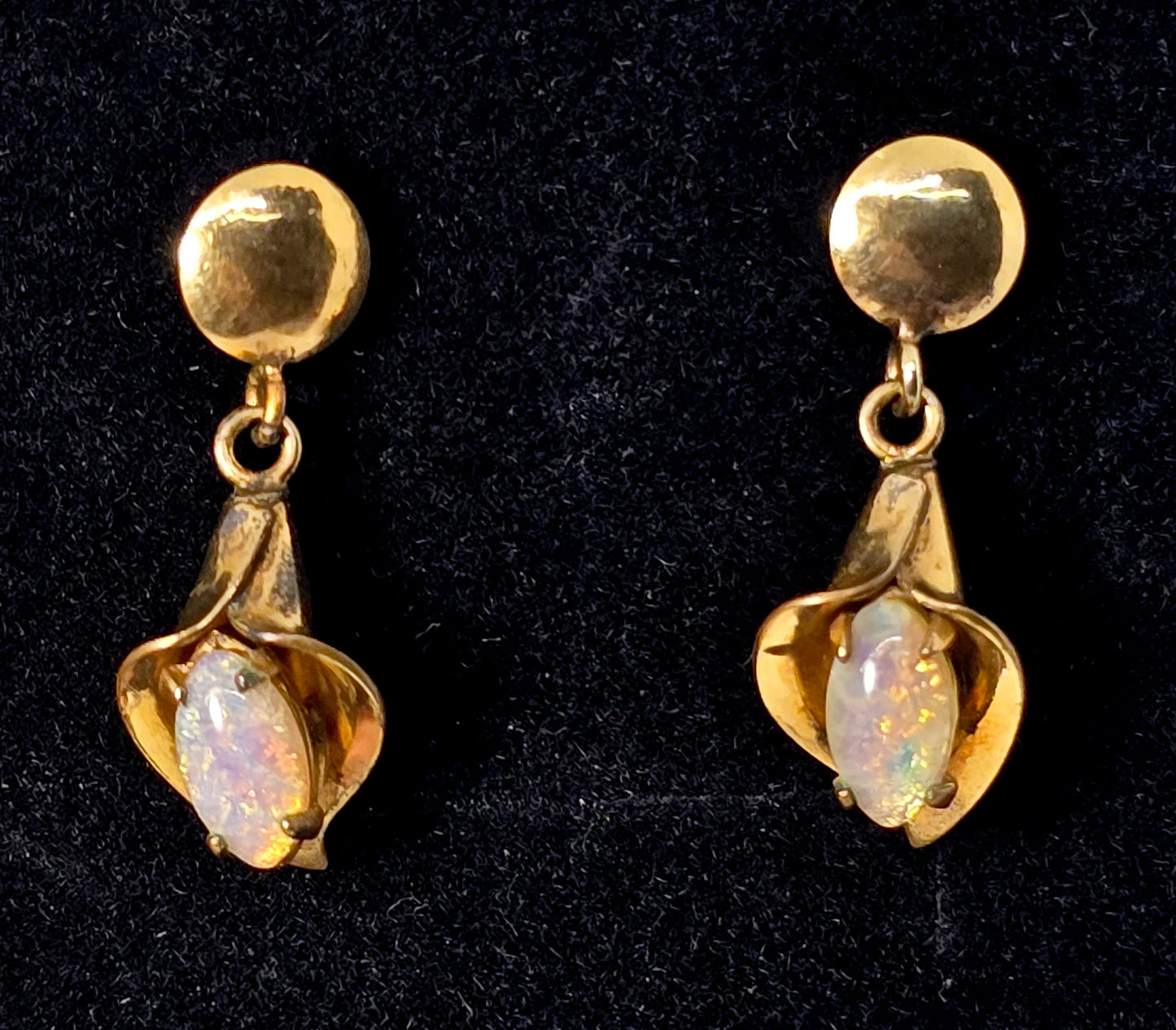 Cala Lily Dichroic glass rhinestone 12k yellow gold filled screw post vintage earrings