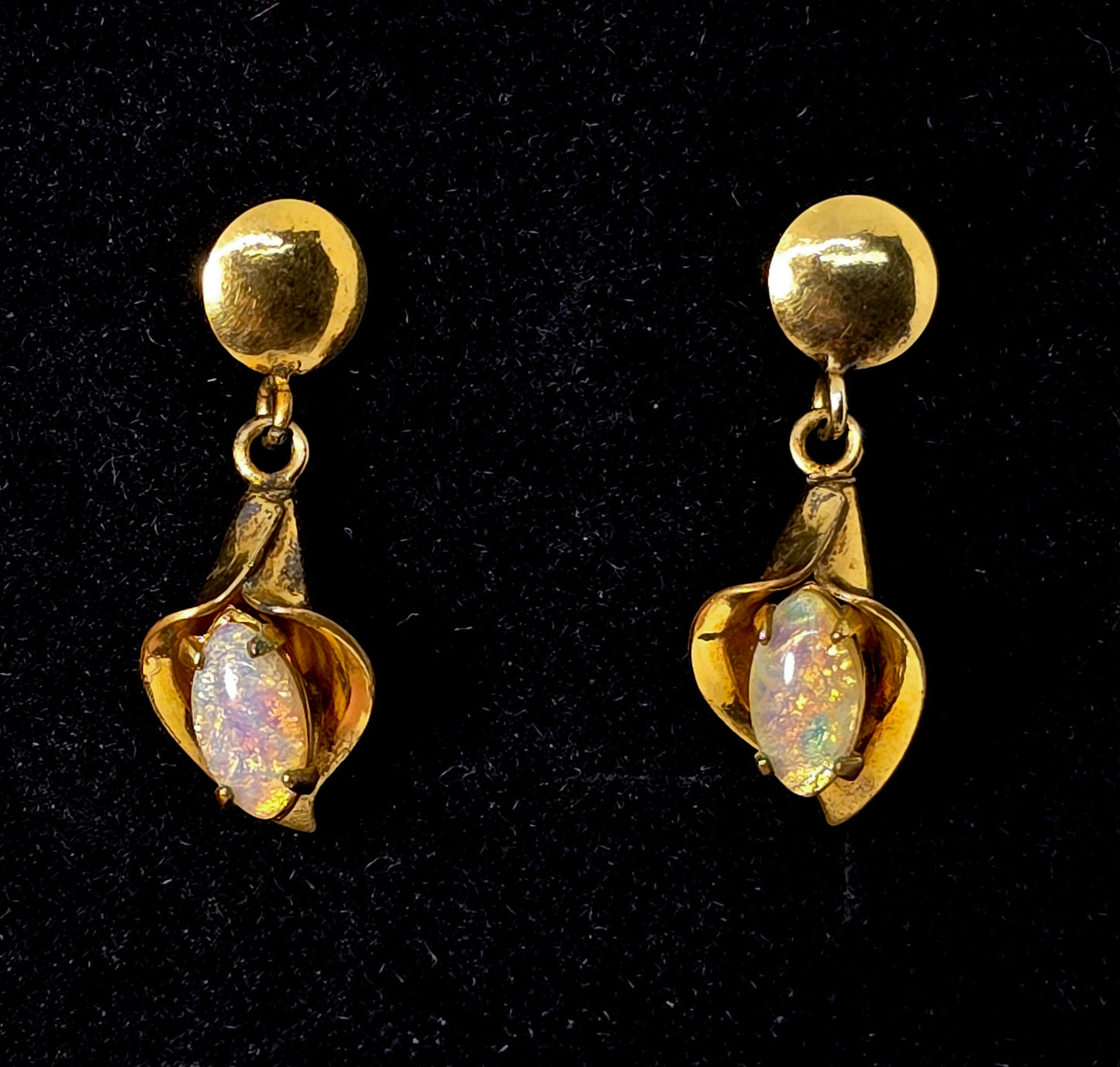 Cala Lily Dichroic glass rhinestone 12k yellow gold filled screw post vintage earrings