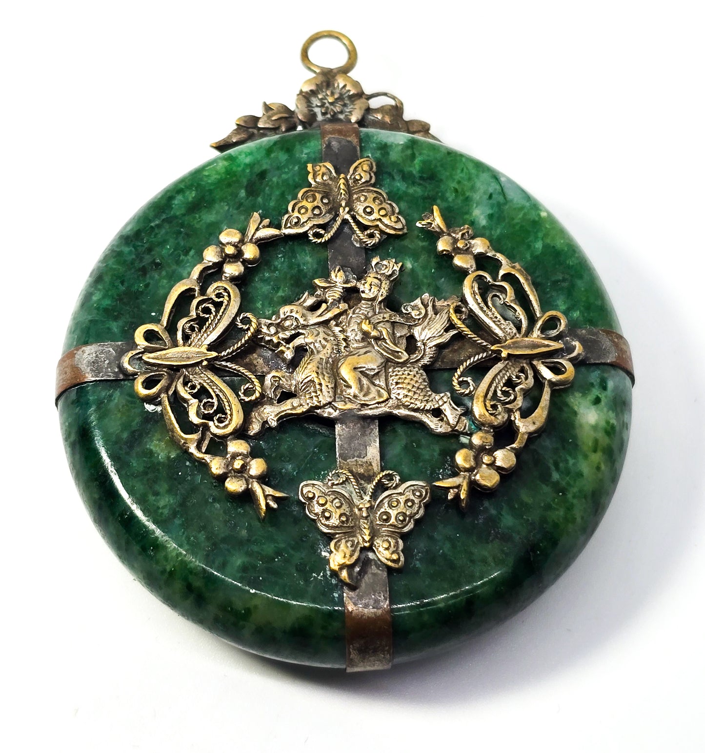 Dragon rider power good fortune green nephrite jade vintage Chinese pendant