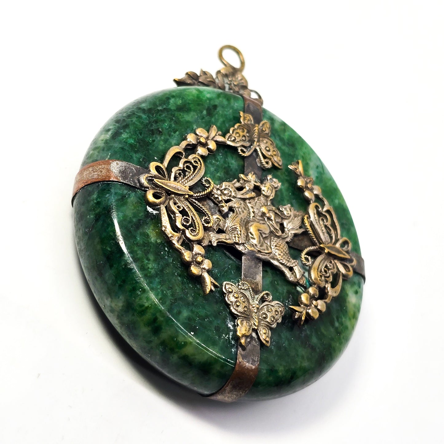 Dragon rider power good fortune green nephrite jade vintage Chinese pendant