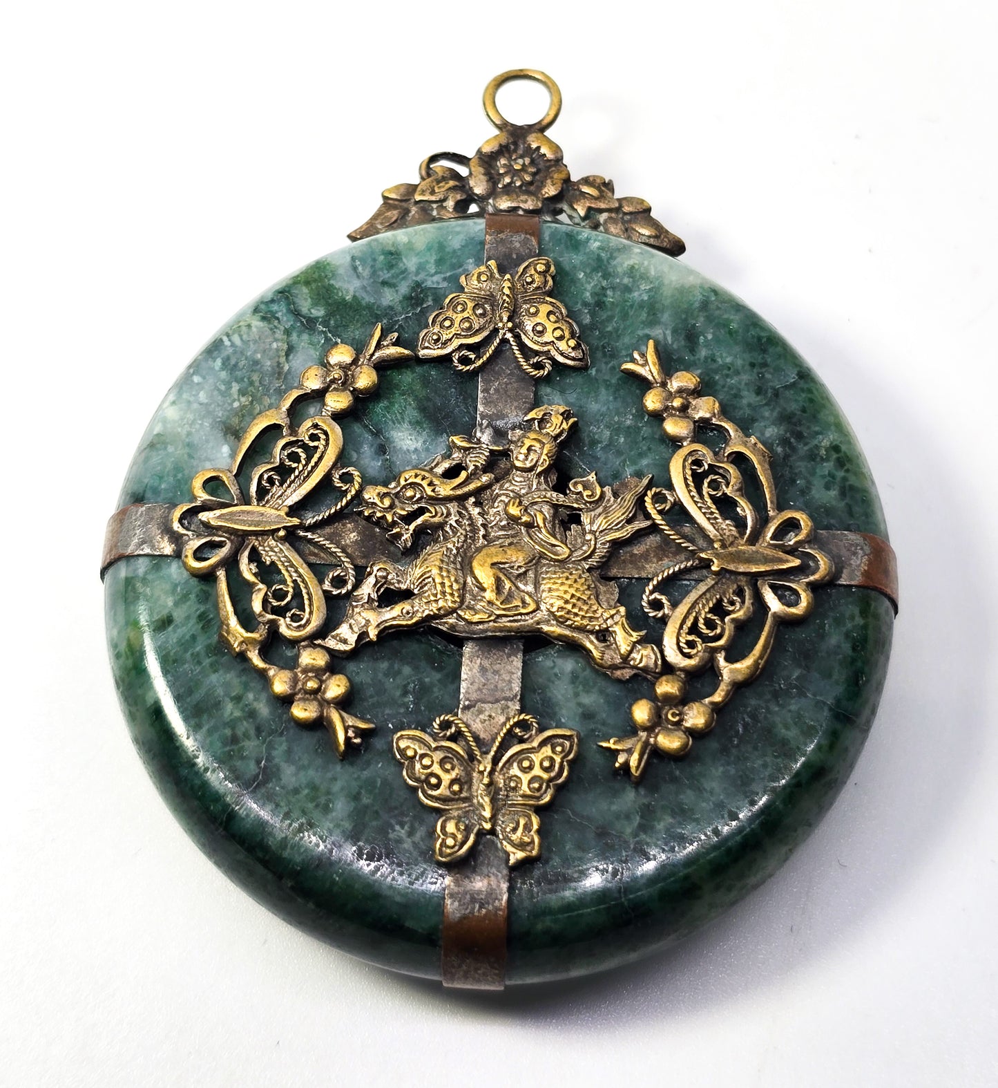 Dragon rider power good fortune green nephrite jade vintage Chinese pendant