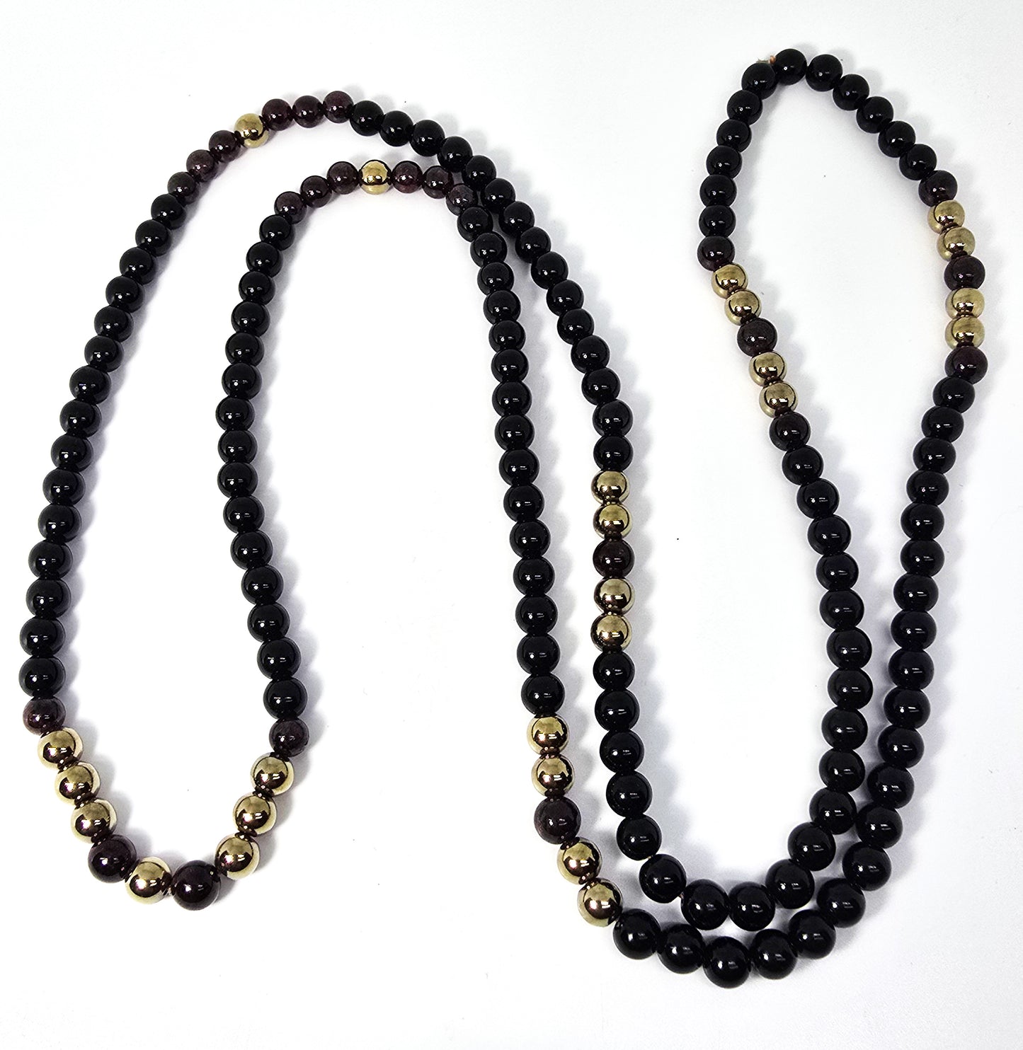 Black onyx red garnet yellow gold plated long 32 inch 6mm beaded vintage necklace