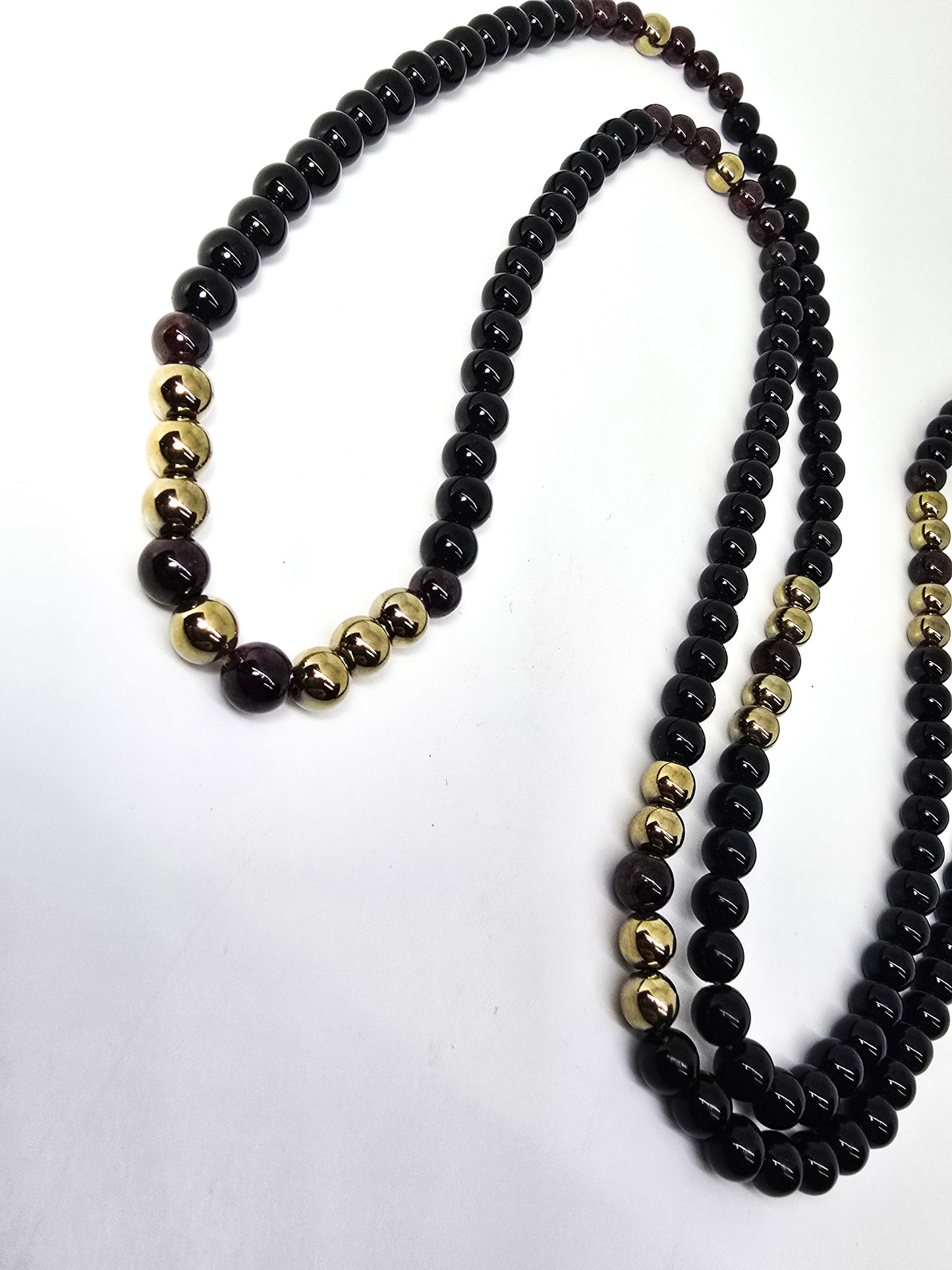 Black onyx red garnet yellow gold plated long 32 inch 6mm beaded vintage necklace