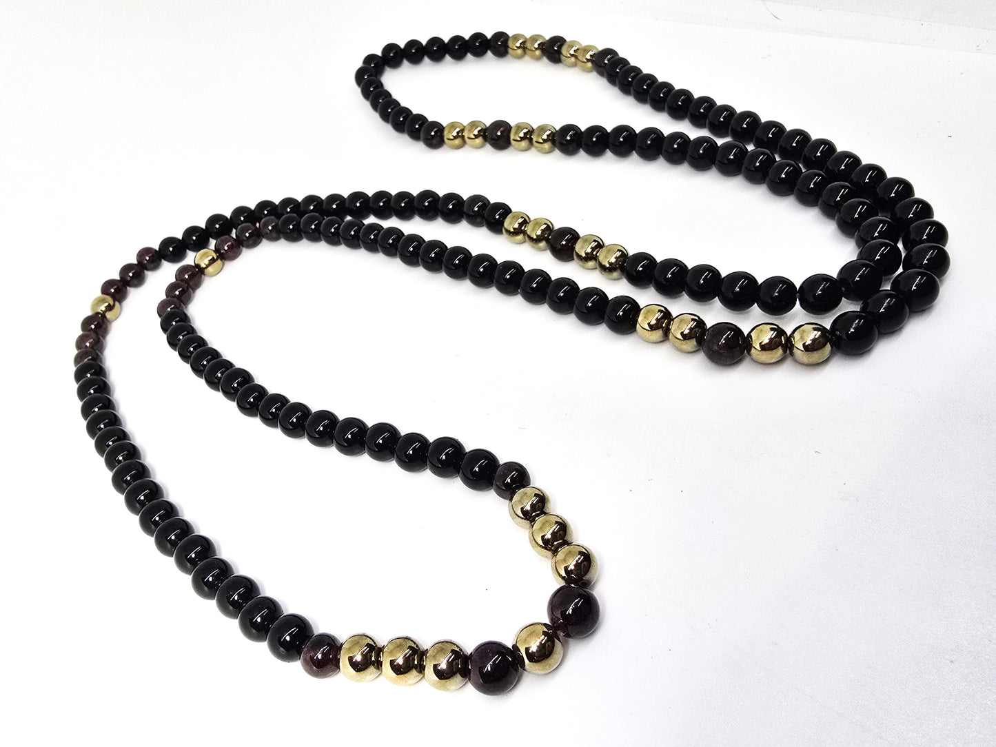 Black onyx red garnet yellow gold plated long 32 inch 6mm beaded vintage necklace