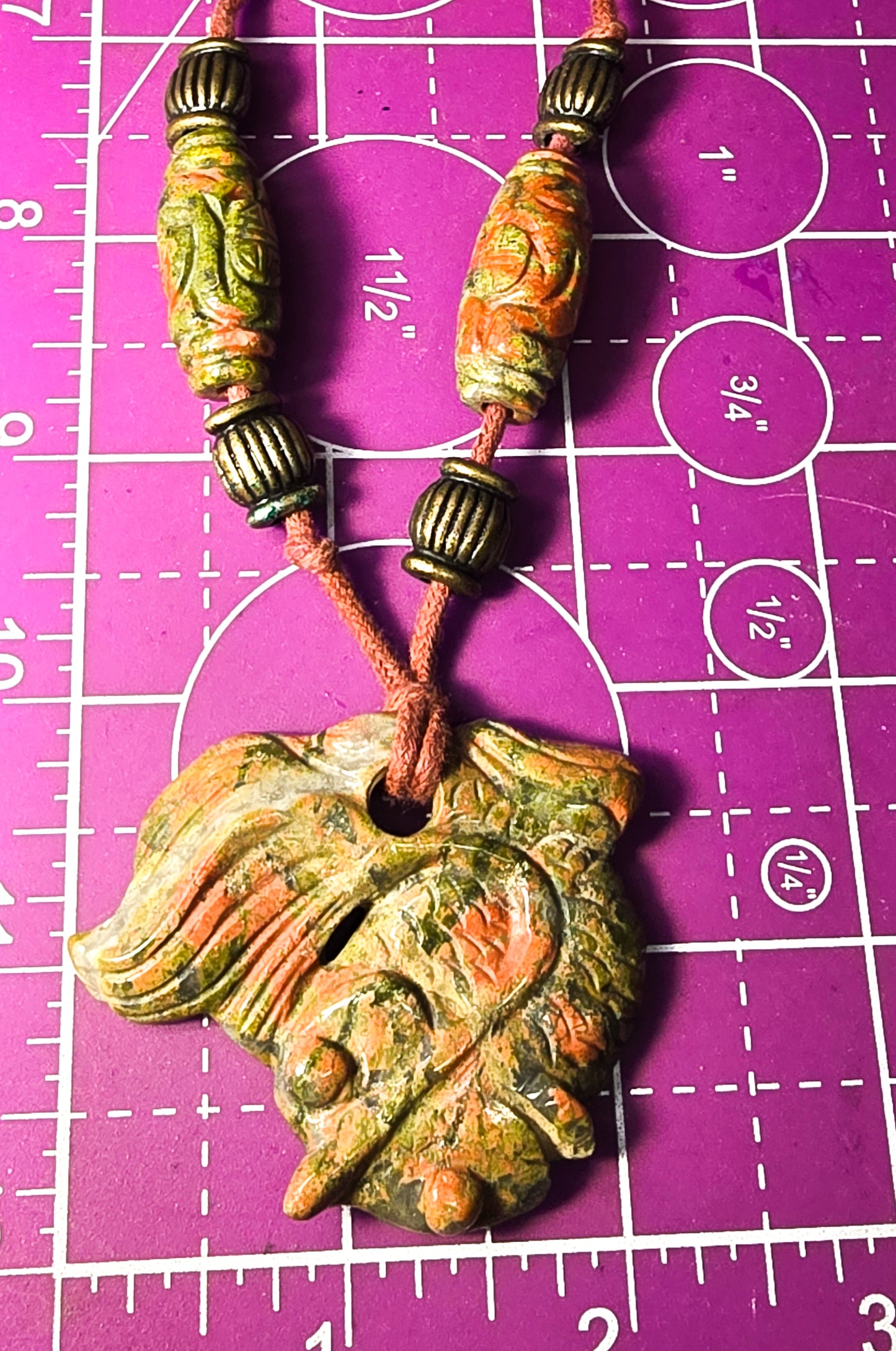 Unakite Goldfish carved Koi Fish vintage Fengshui coin leather gemstone necklace